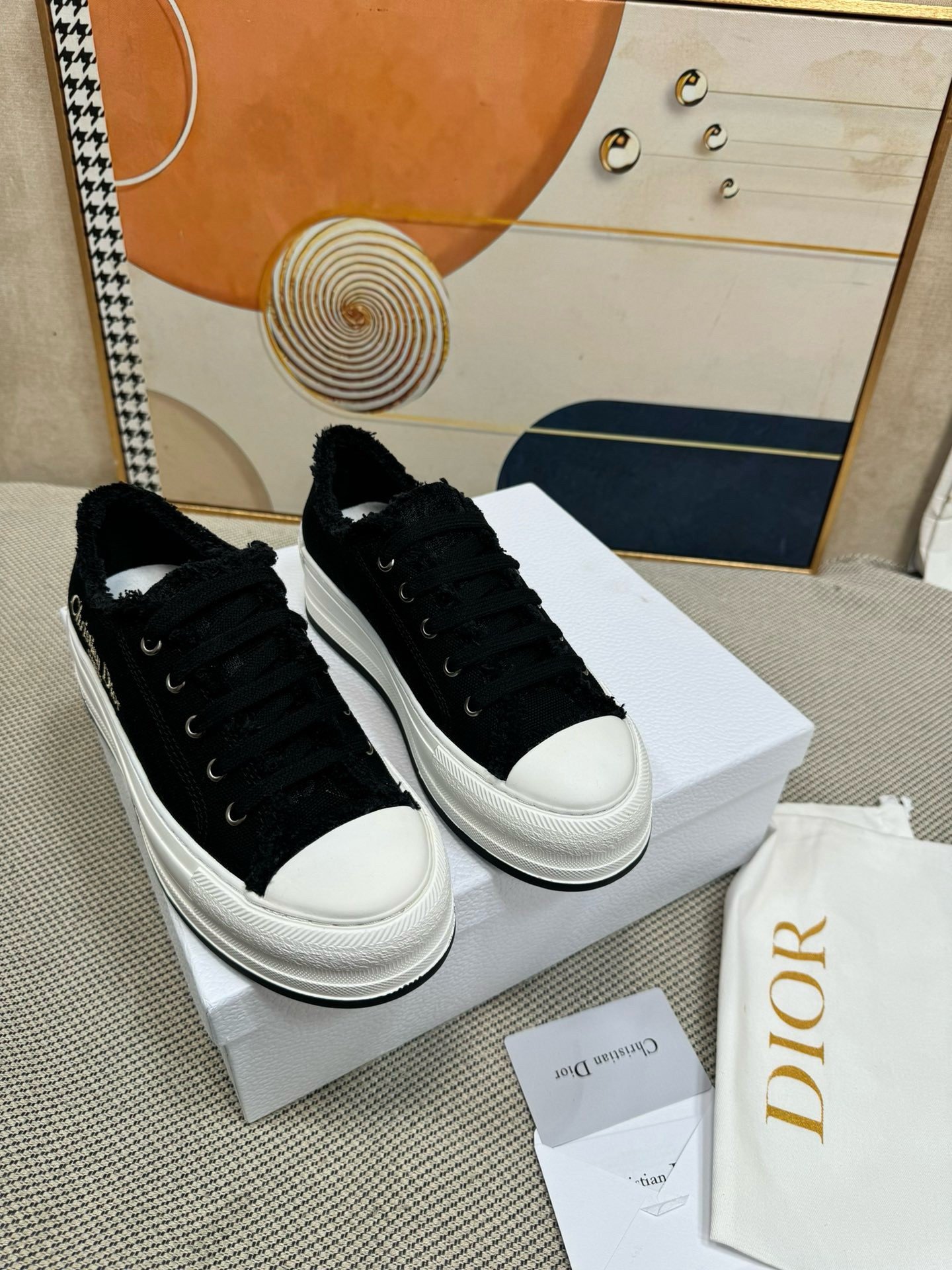 Dior Walk'n'Dior Platform Sneakers in Black Fringed Cotton Canvas