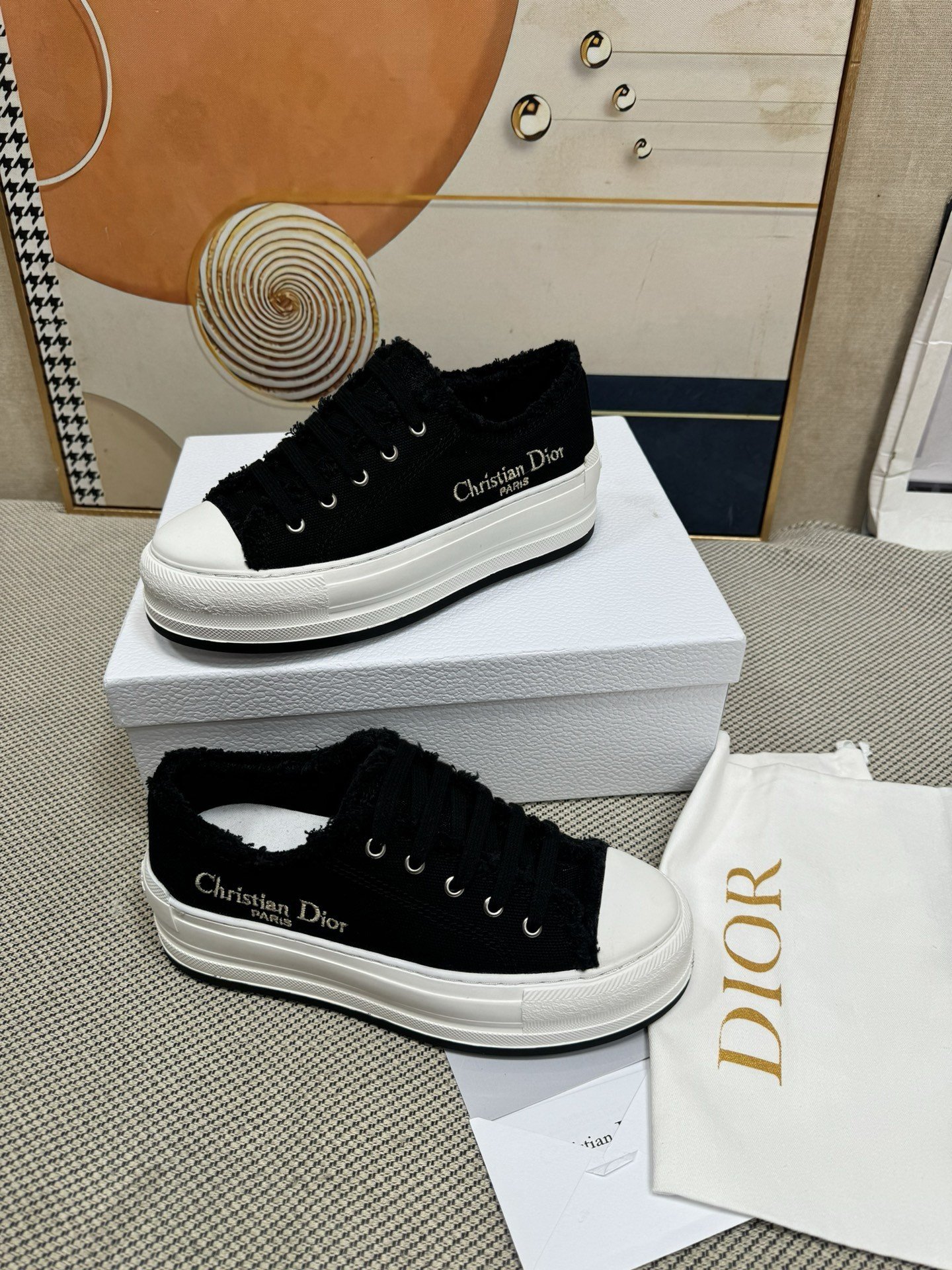 Dior Walk'n'Dior Platform Sneakers in Black Fringed Cotton Canvas