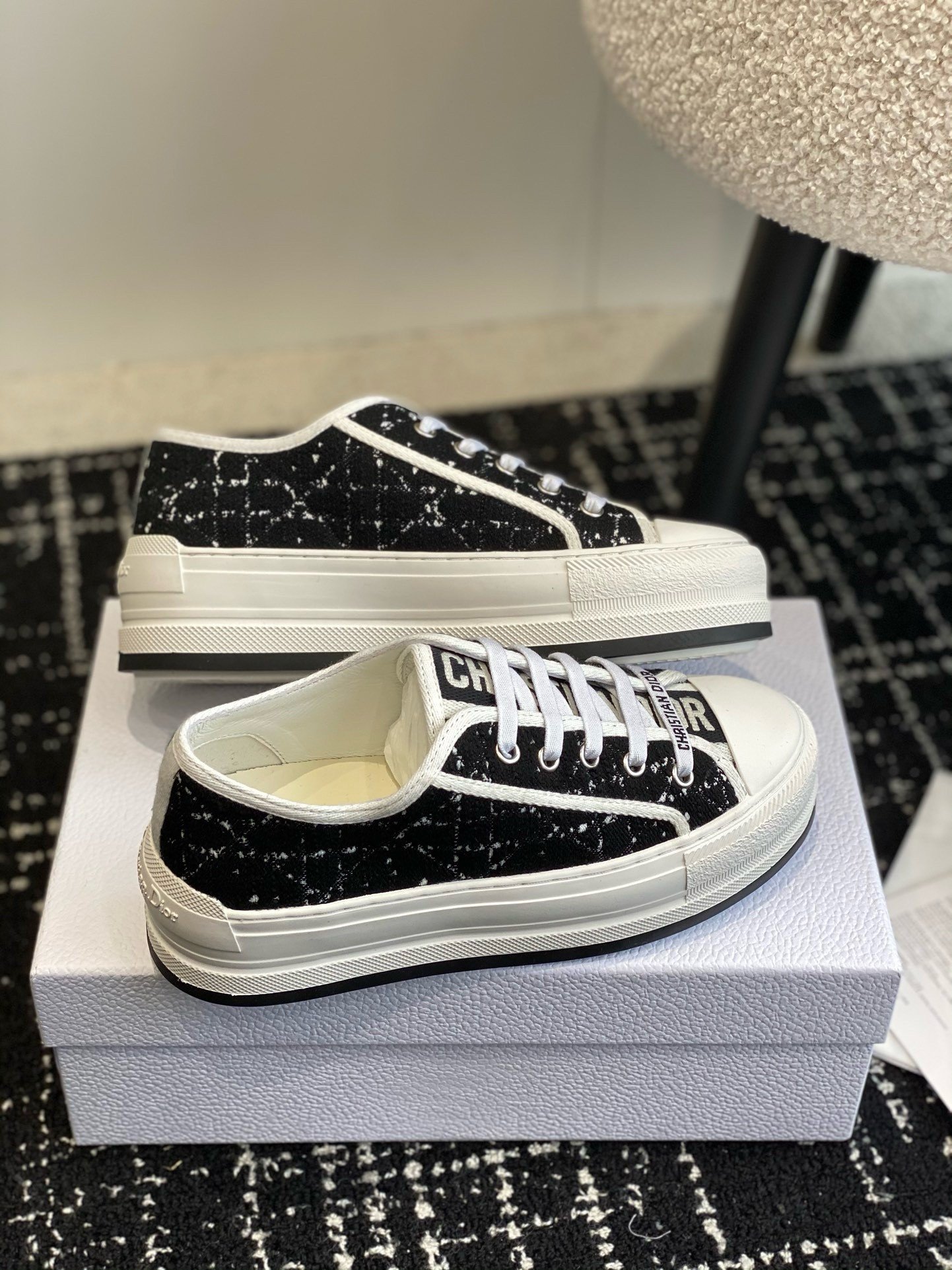 Dior Walk'n'Dior Platform Sneakers in Black and White Cannage Tweed