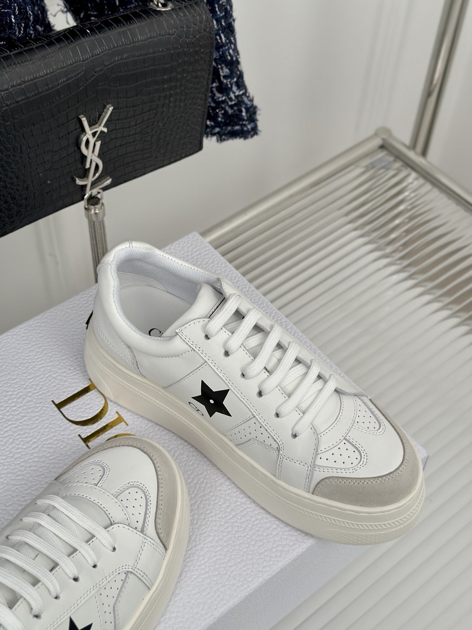 Dior Star Platform Sneakers in White Calfskin with Black Star