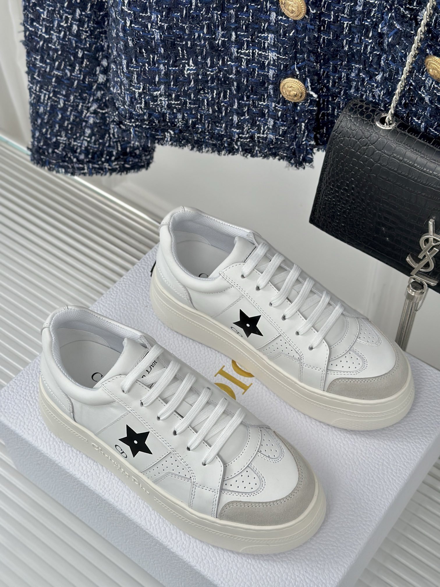 Dior Star Platform Sneakers in White Calfskin with Black Star