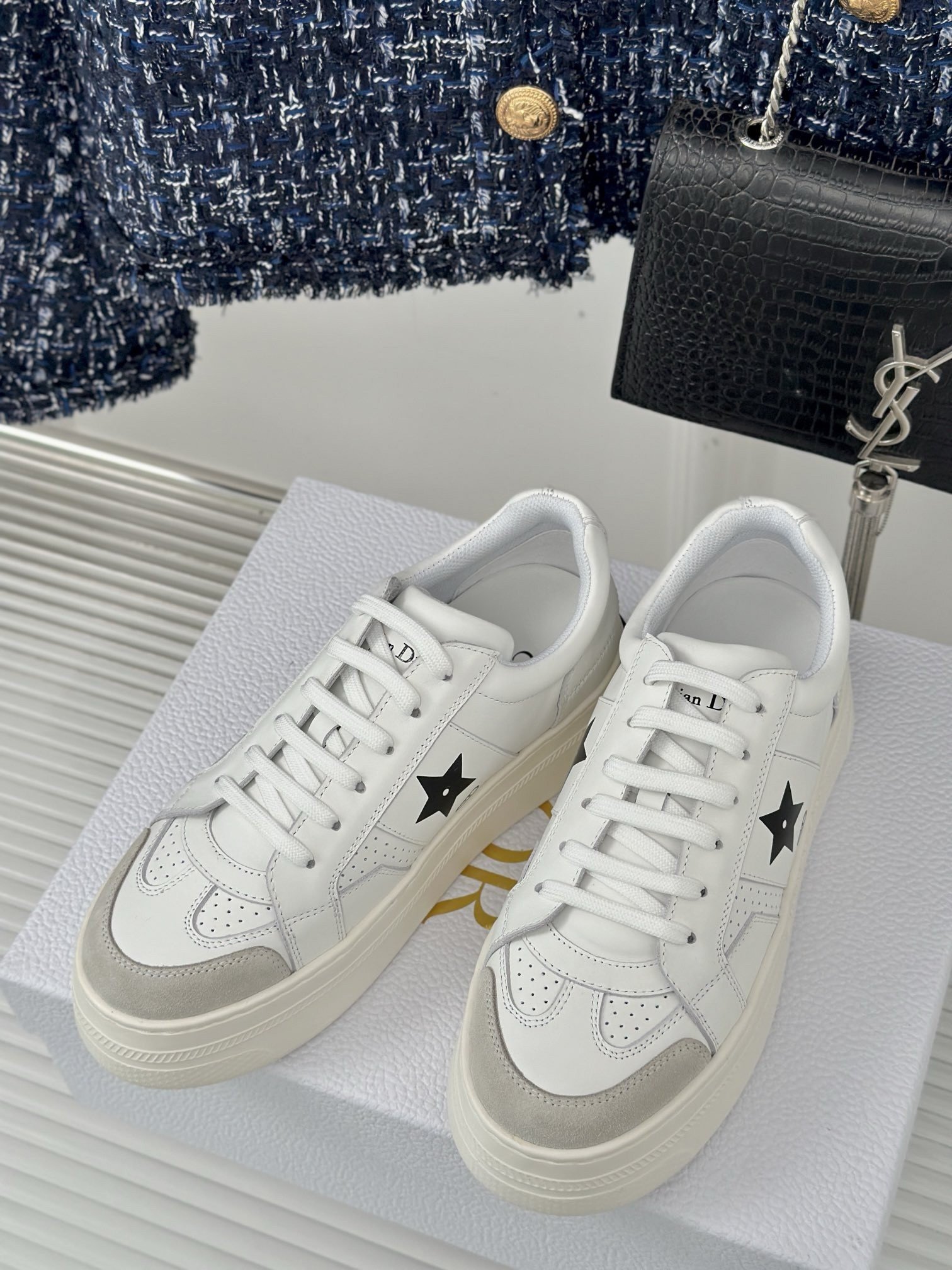 Dior Star Platform Sneakers in White Calfskin with Black Star