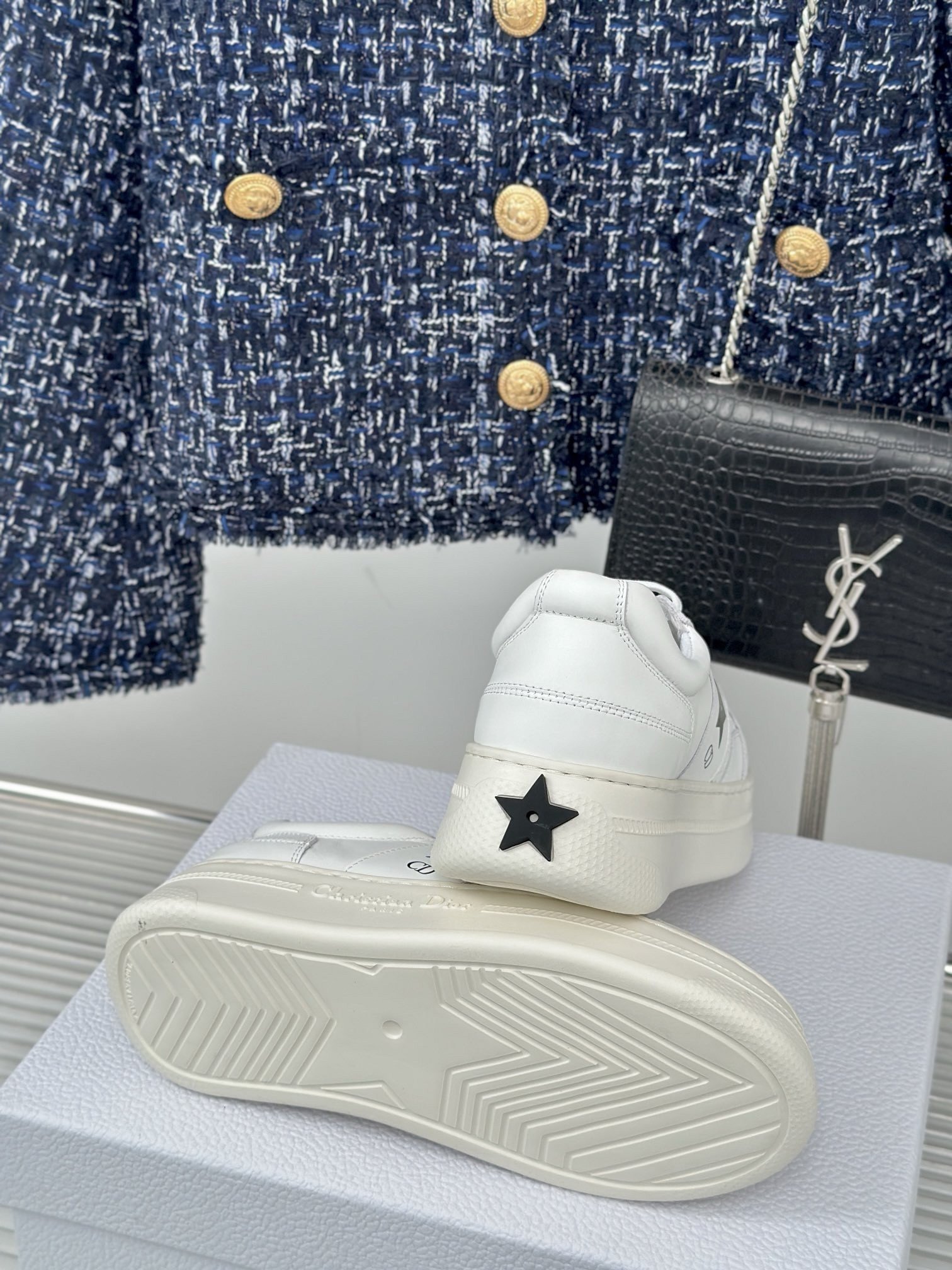 Dior Star Platform Sneakers in White Calfskin with Black Star