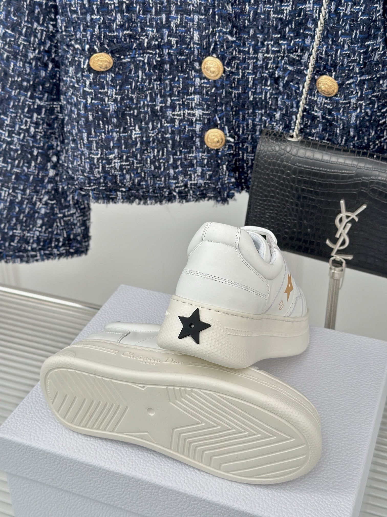 Dior Star Platform Sneakers in White Calfskin with Gold Star