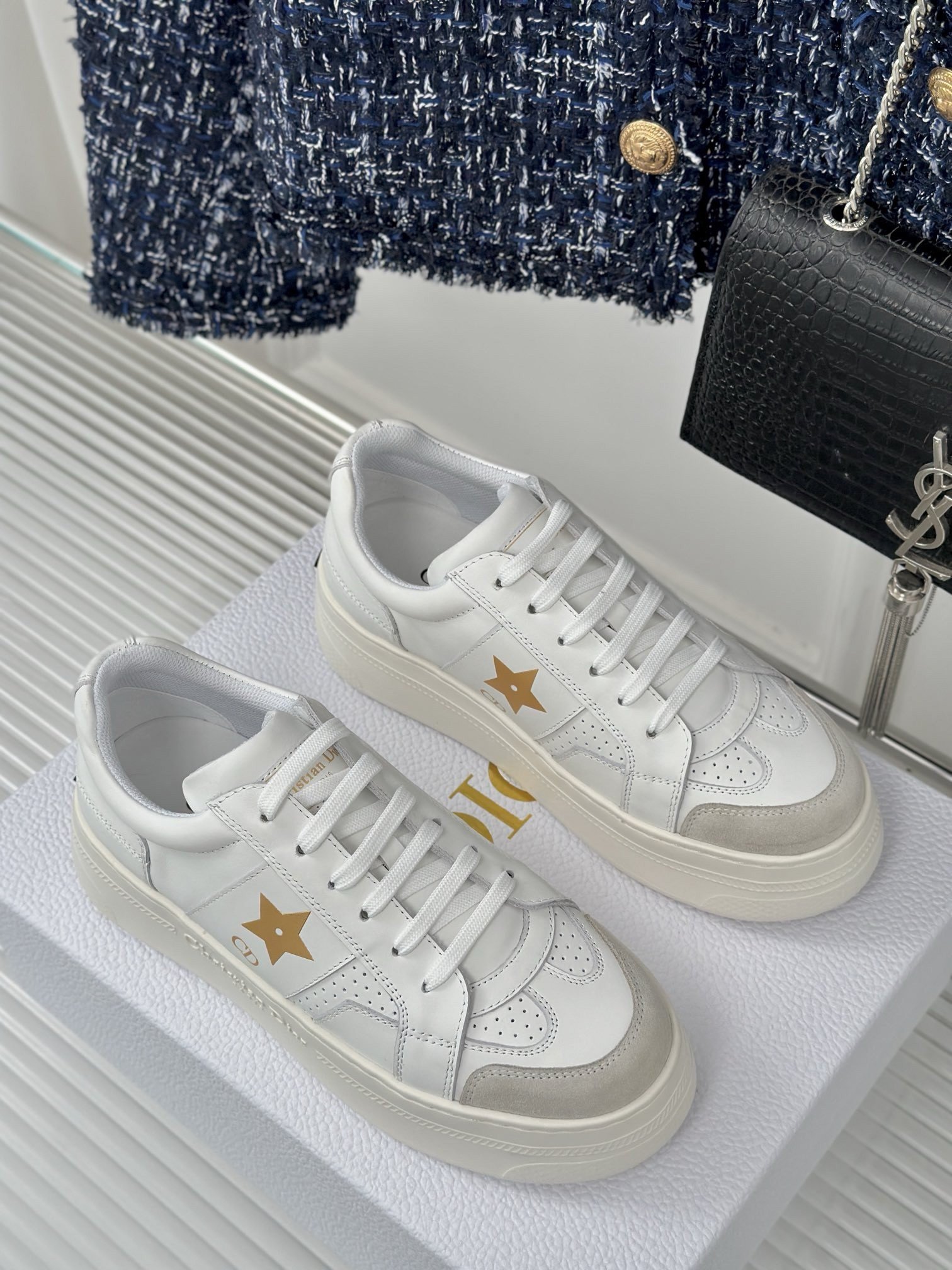 Dior Star Platform Sneakers in White Calfskin with Gold Star