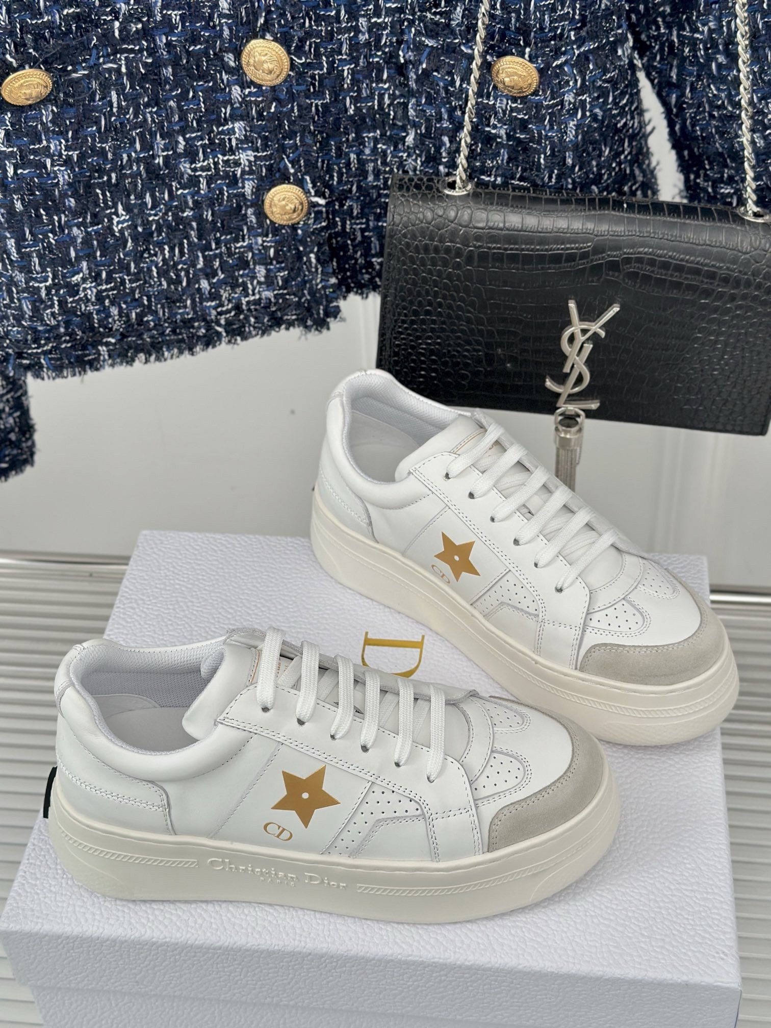 Dior Star Platform Sneakers in White Calfskin with Gold Star