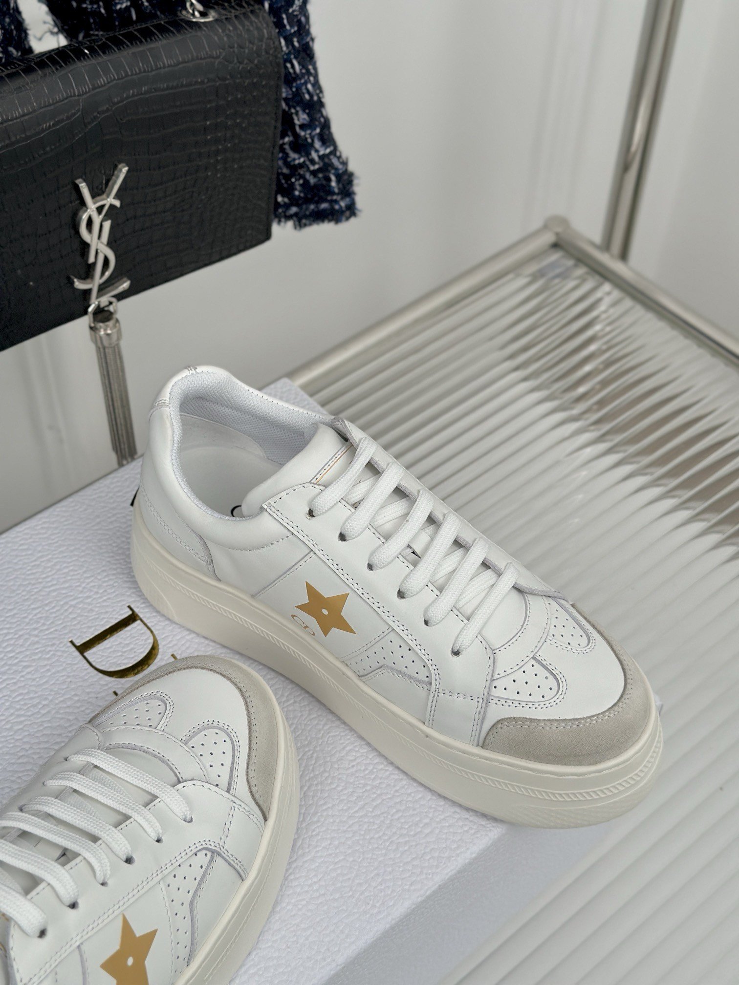 Dior Star Platform Sneakers in White Calfskin with Gold Star