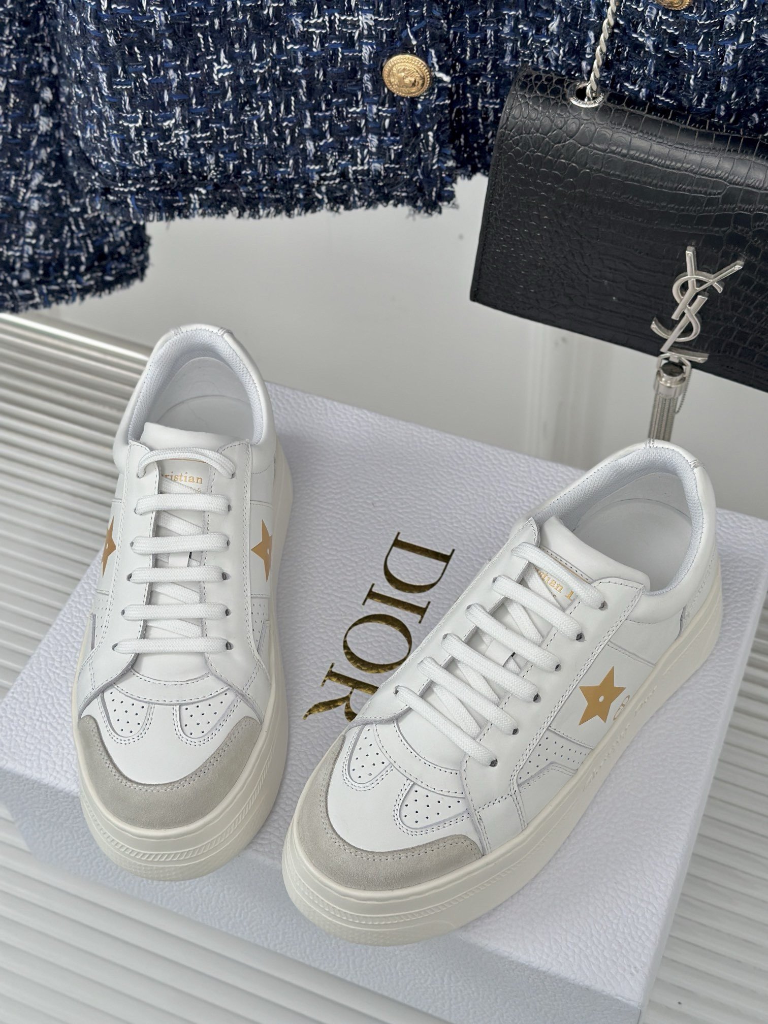 Dior Star Platform Sneakers in White Calfskin with Gold Star