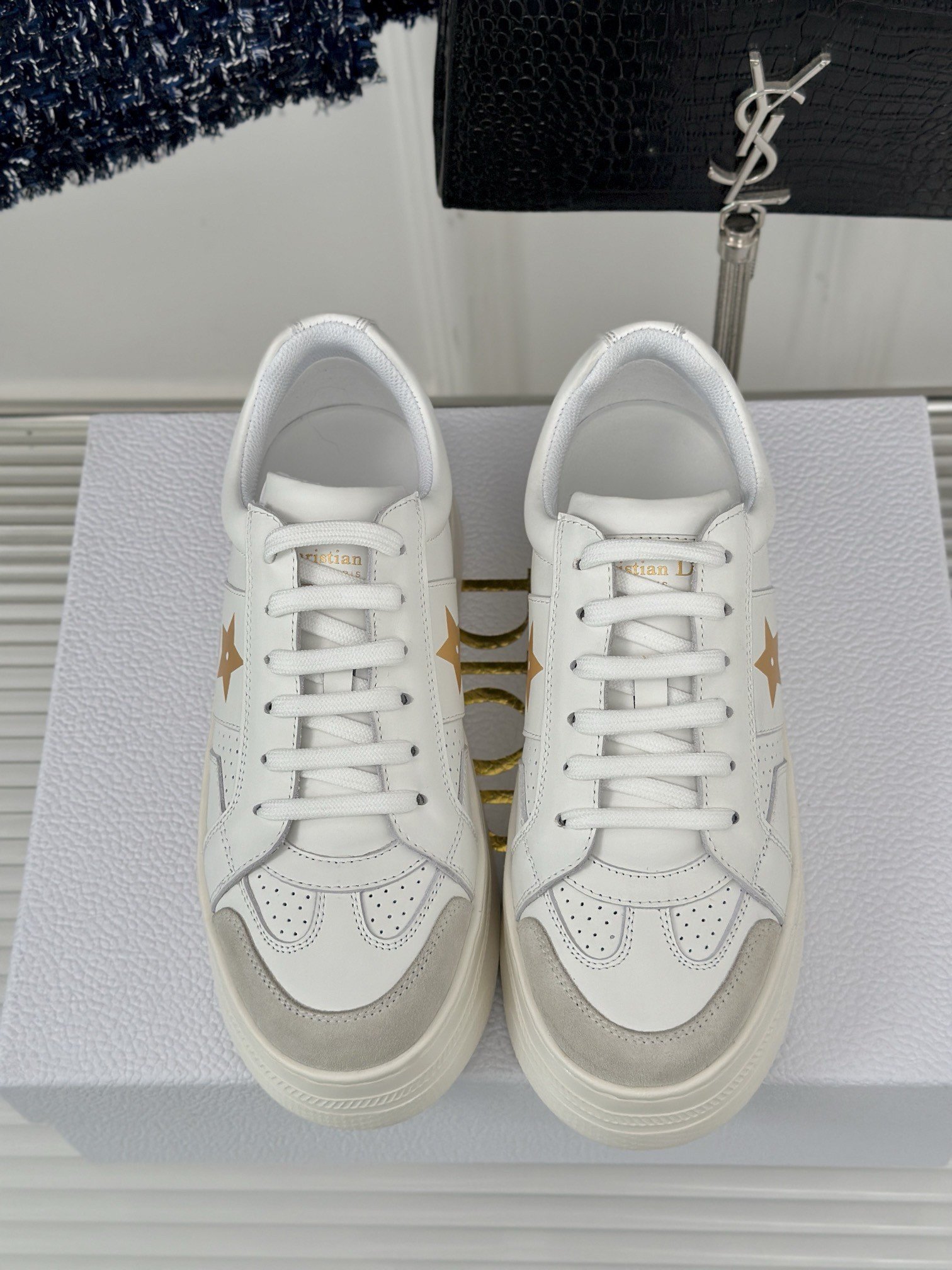 Dior Star Platform Sneakers in White Calfskin with Gold Star