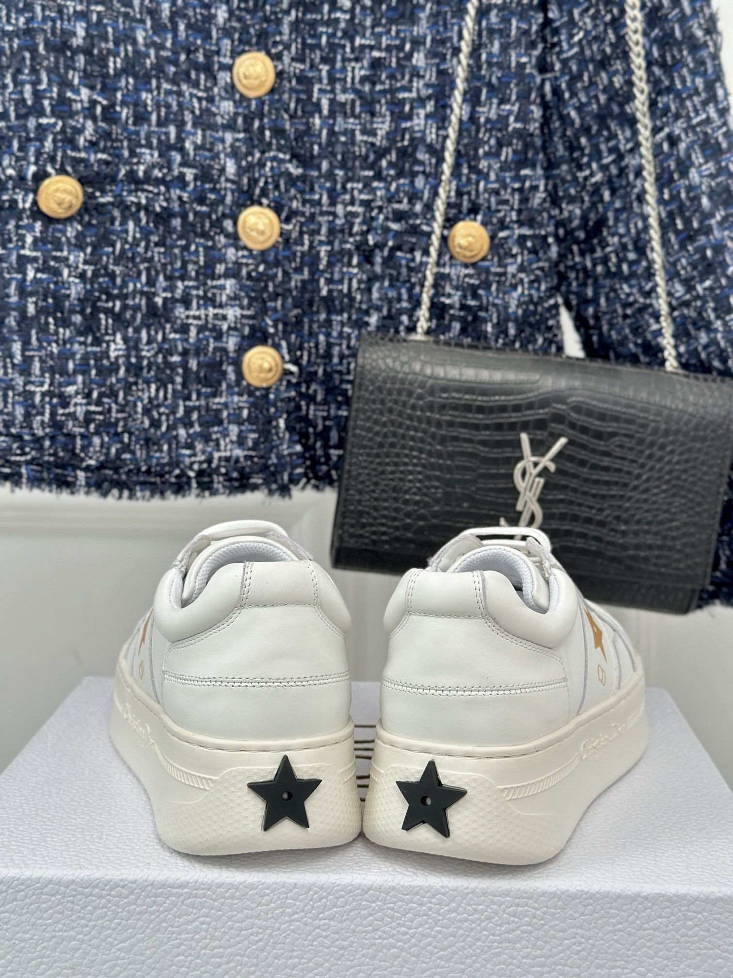 Dior Star Platform Sneakers in White Calfskin with Gold Star