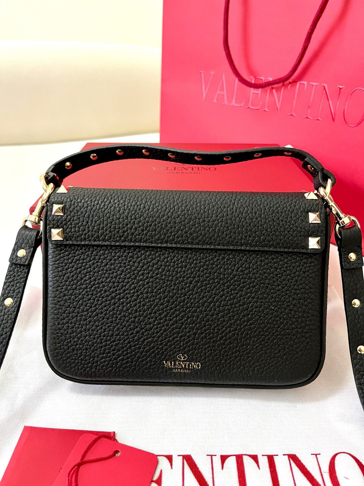 Valentino Rockstud Pouch Bag in Black Grained Leather