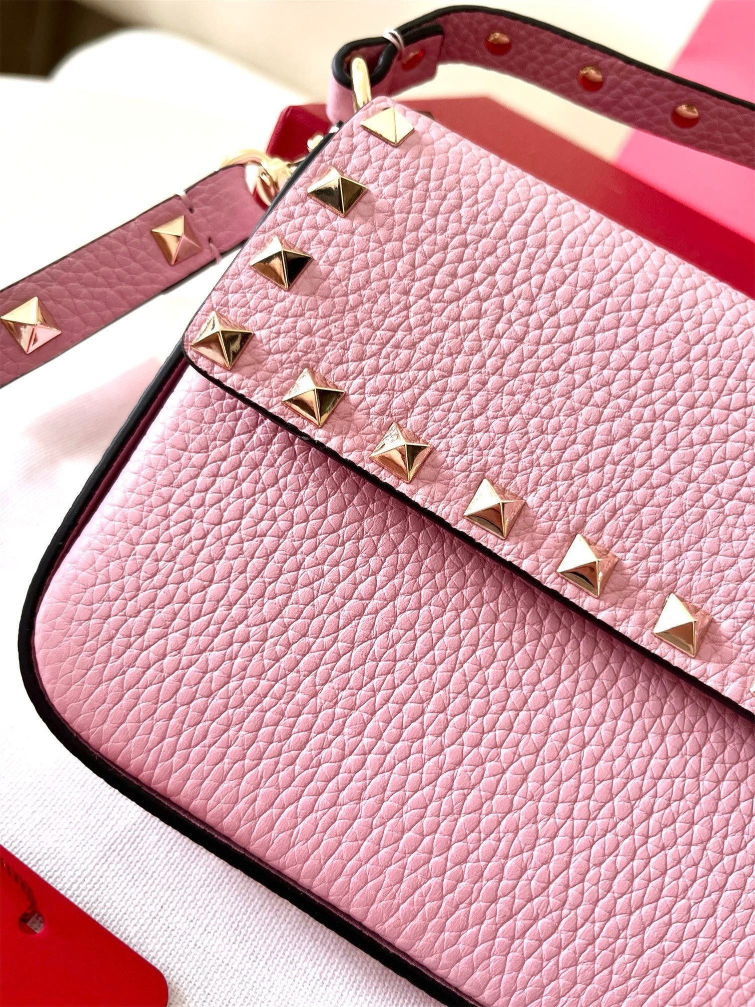 Valentino Rockstud Pouch Bag in Pink Grained Leather