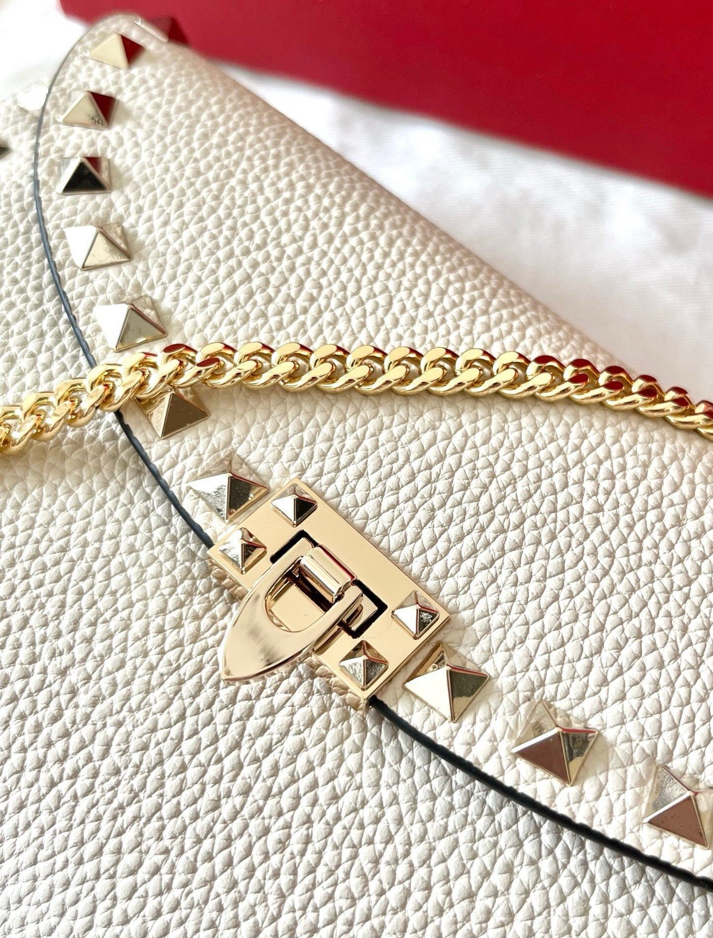 Valentino Rockstud Wallet with Chain in White Grained Leather