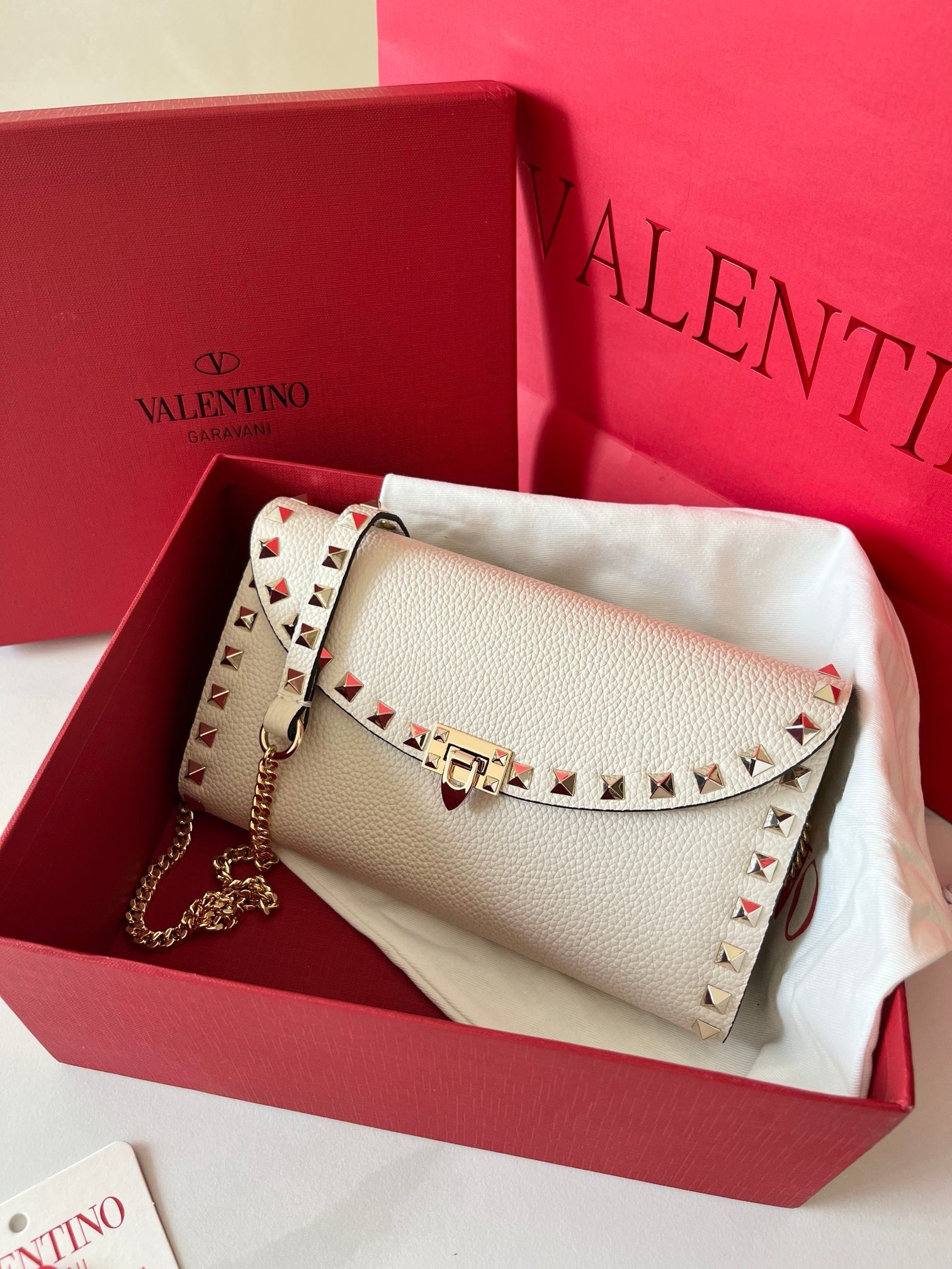 Valentino Rockstud Wallet with Chain in White Grained Leather