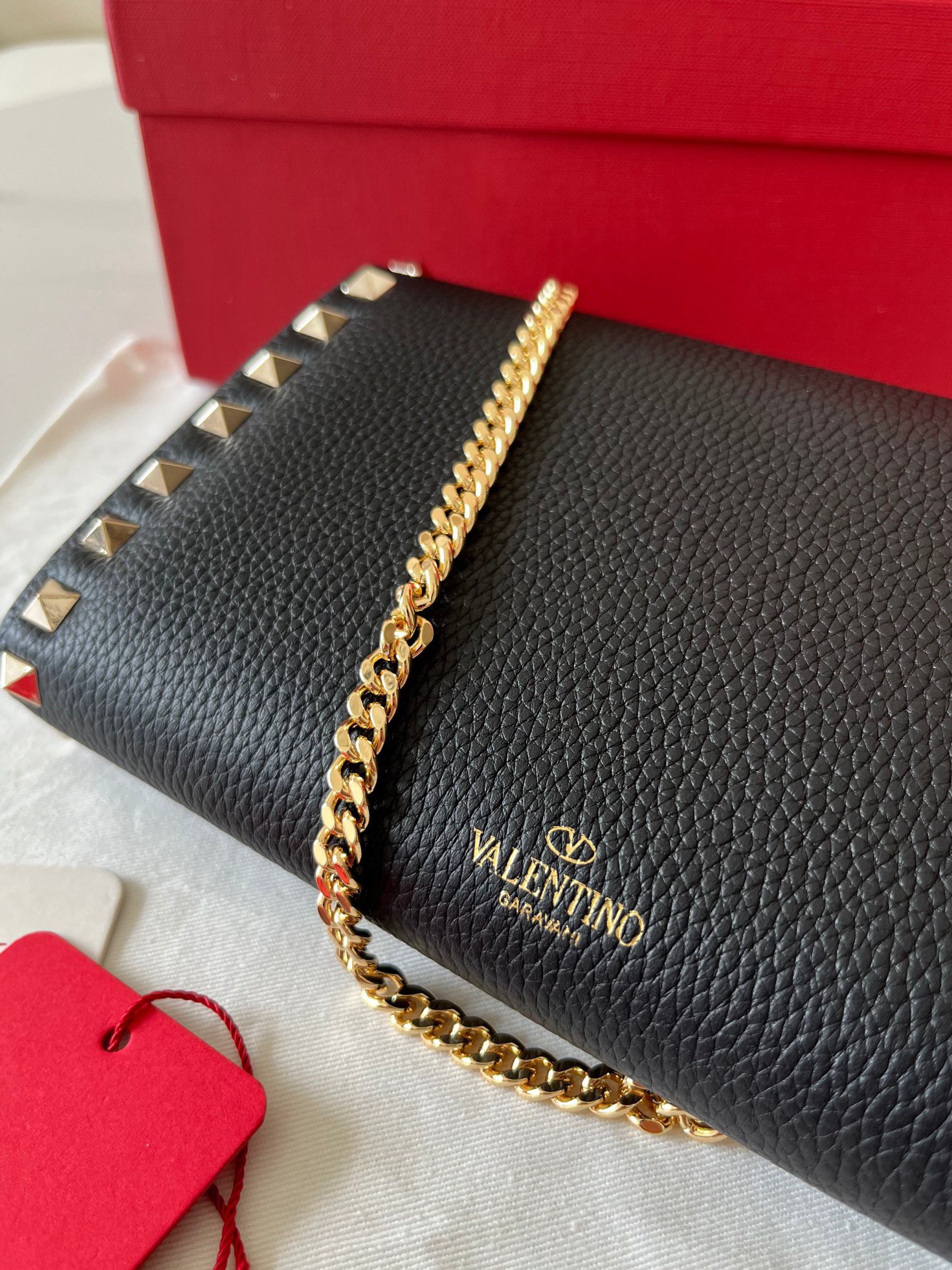 Valentino Rockstud Wallet with Chain in Black Grained Leather