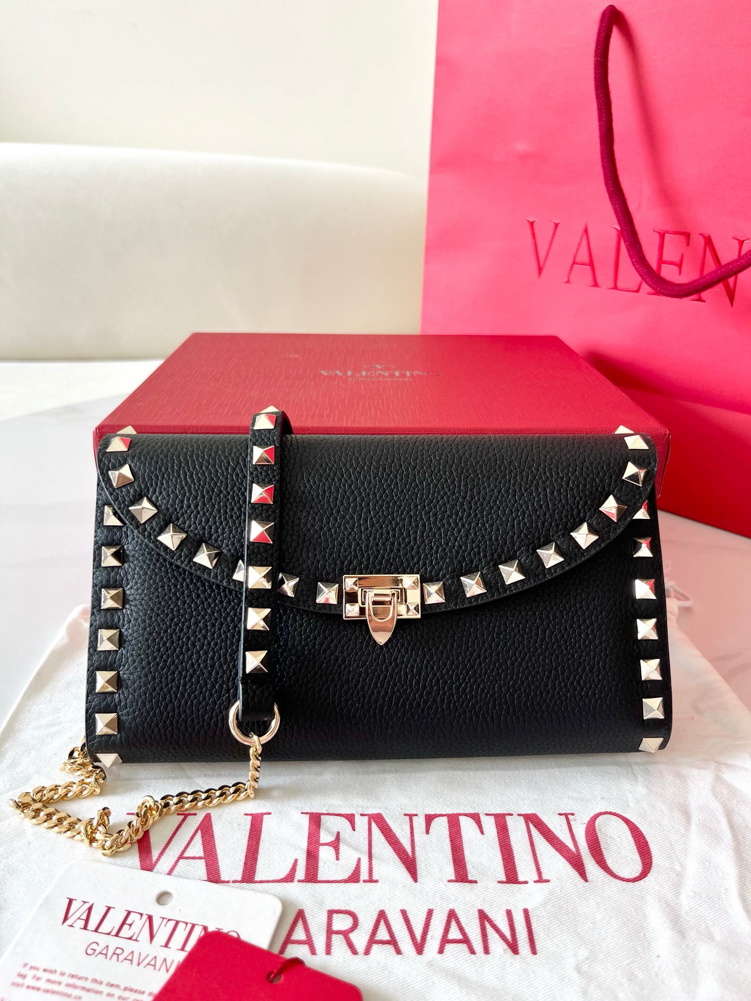 Valentino Rockstud Wallet with Chain in Black Grained Leather