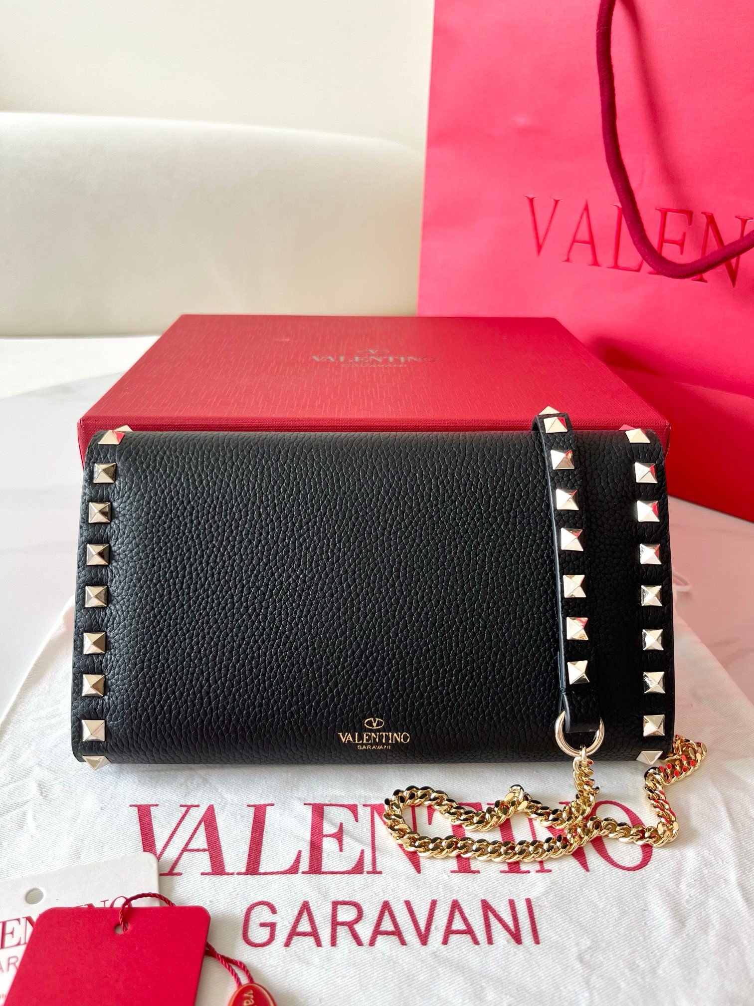 Valentino Rockstud Wallet with Chain in Black Grained Leather