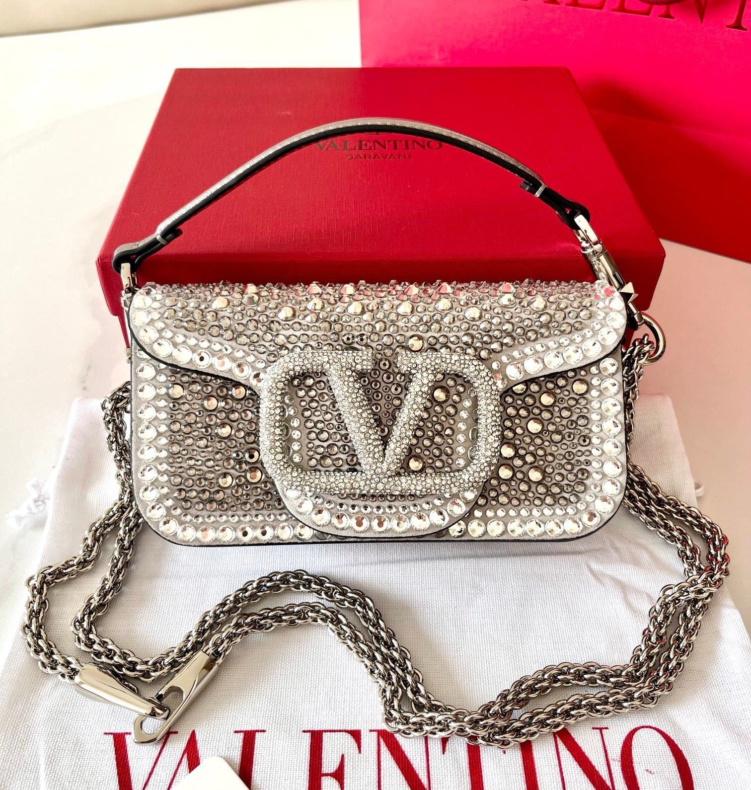 Valentino Small Loco Shoulder Silver Bag with Rhinestone Applique