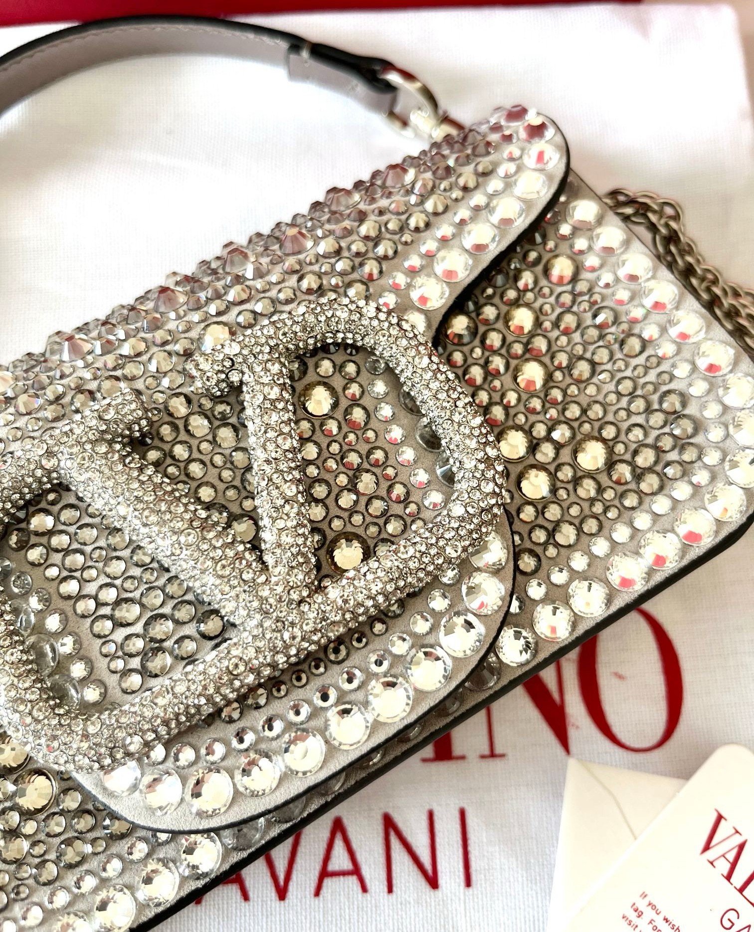 Valentino Small Loco Shoulder Silver Bag with Rhinestone Applique