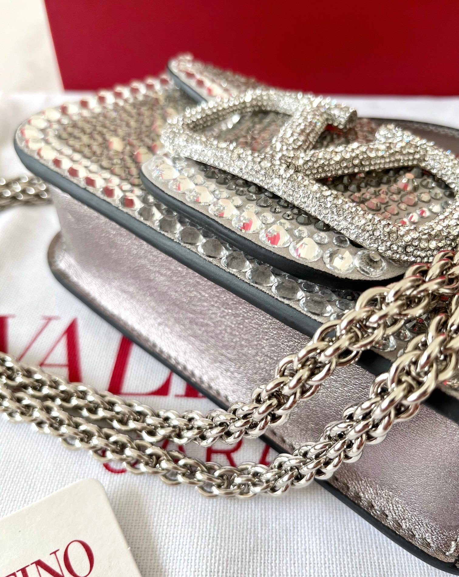 Valentino Small Loco Shoulder Silver Bag with Rhinestone Applique