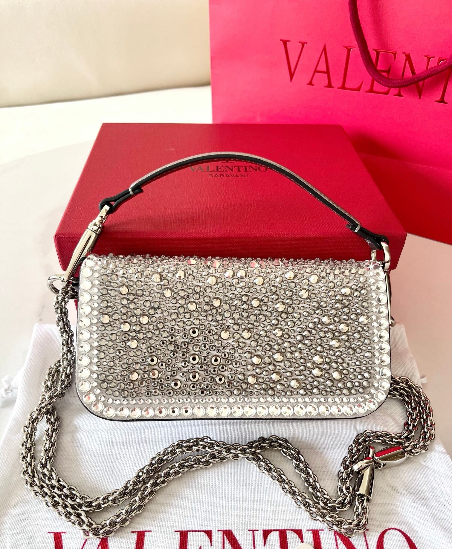 Valentino Small Loco Shoulder Silver Bag with Rhinestone Applique