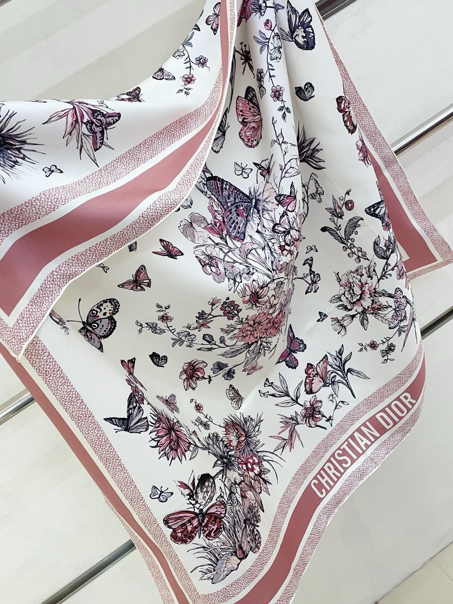 Dior Toile de Jouy Mexico 90 Square Scarf in Pink and White Silk