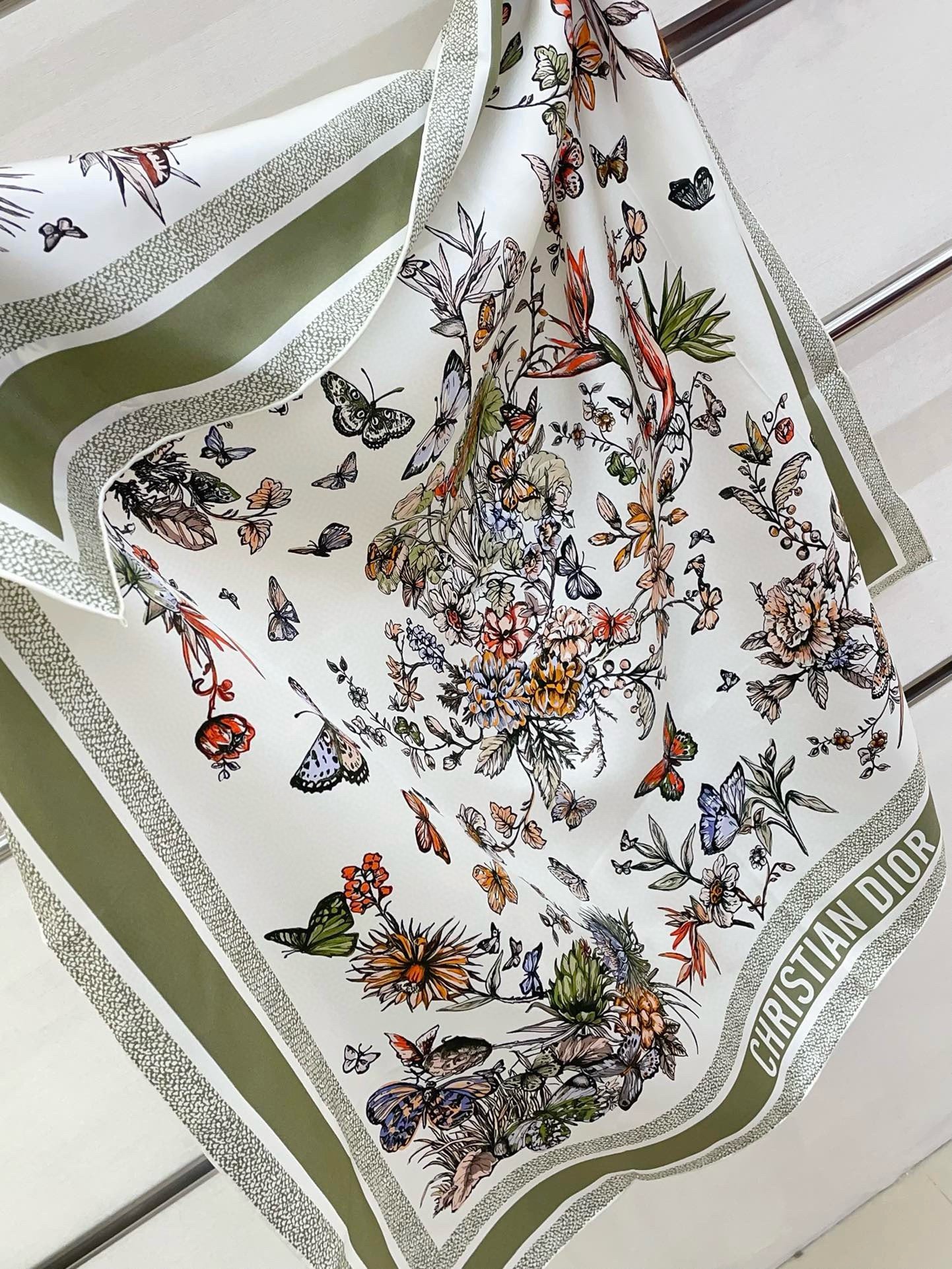 Dior Toile de Jouy Mexico 90 Square Scarf in Green and White Silk