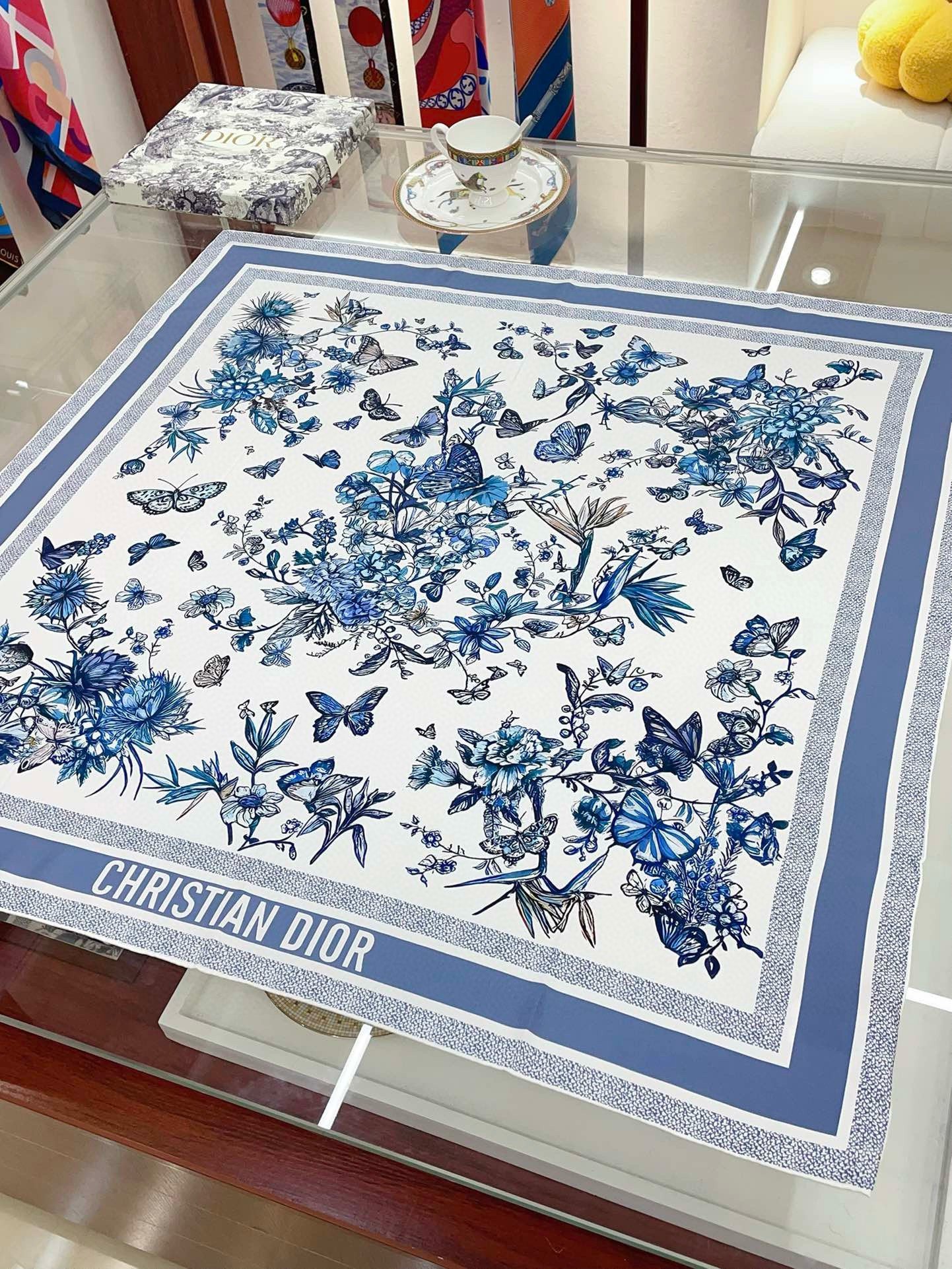 Dior Toile de Jouy Mexico 90 Square Scarf in Blue and White Silk