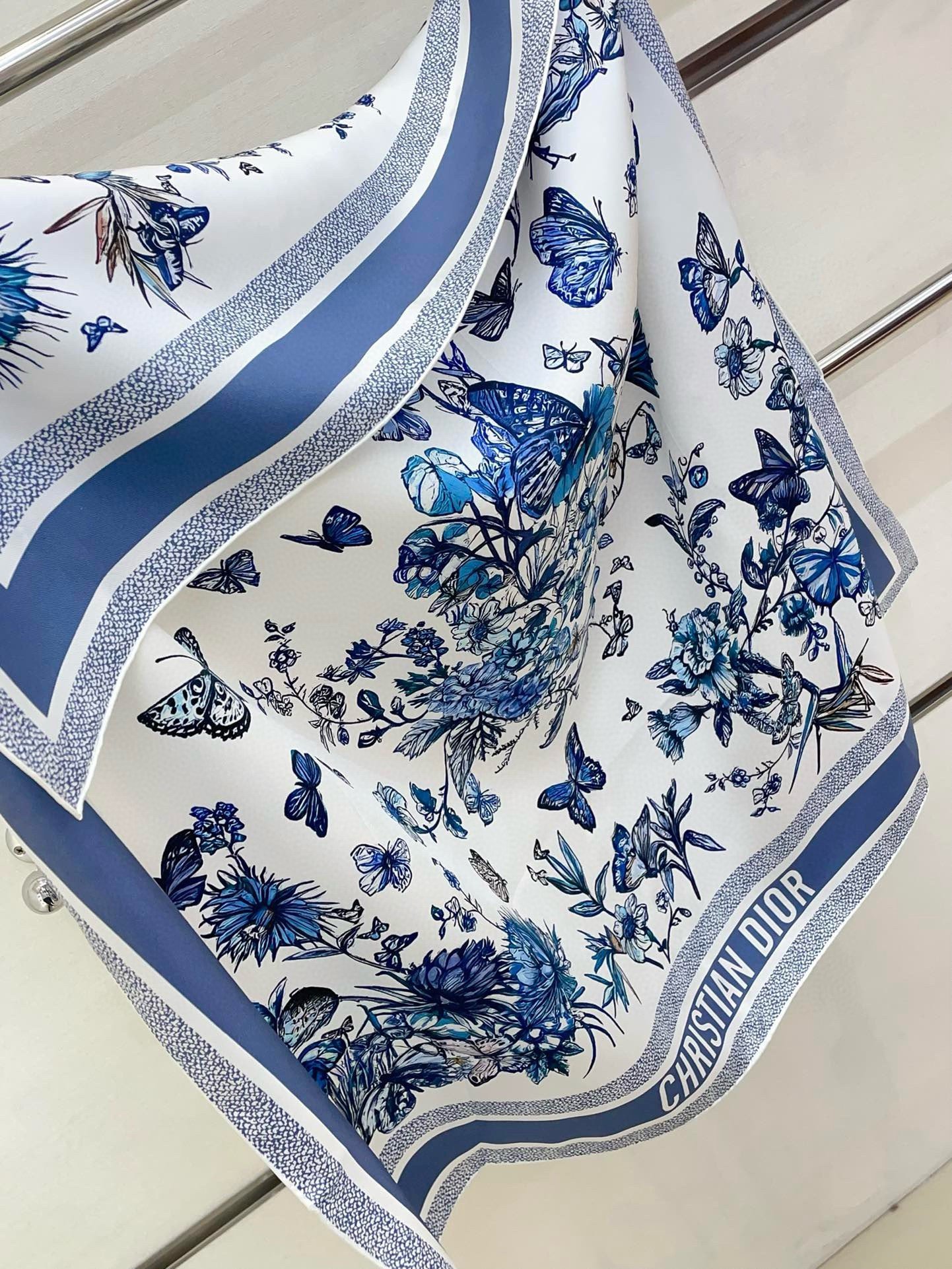 Dior Toile de Jouy Mexico 90 Square Scarf in Blue and White Silk