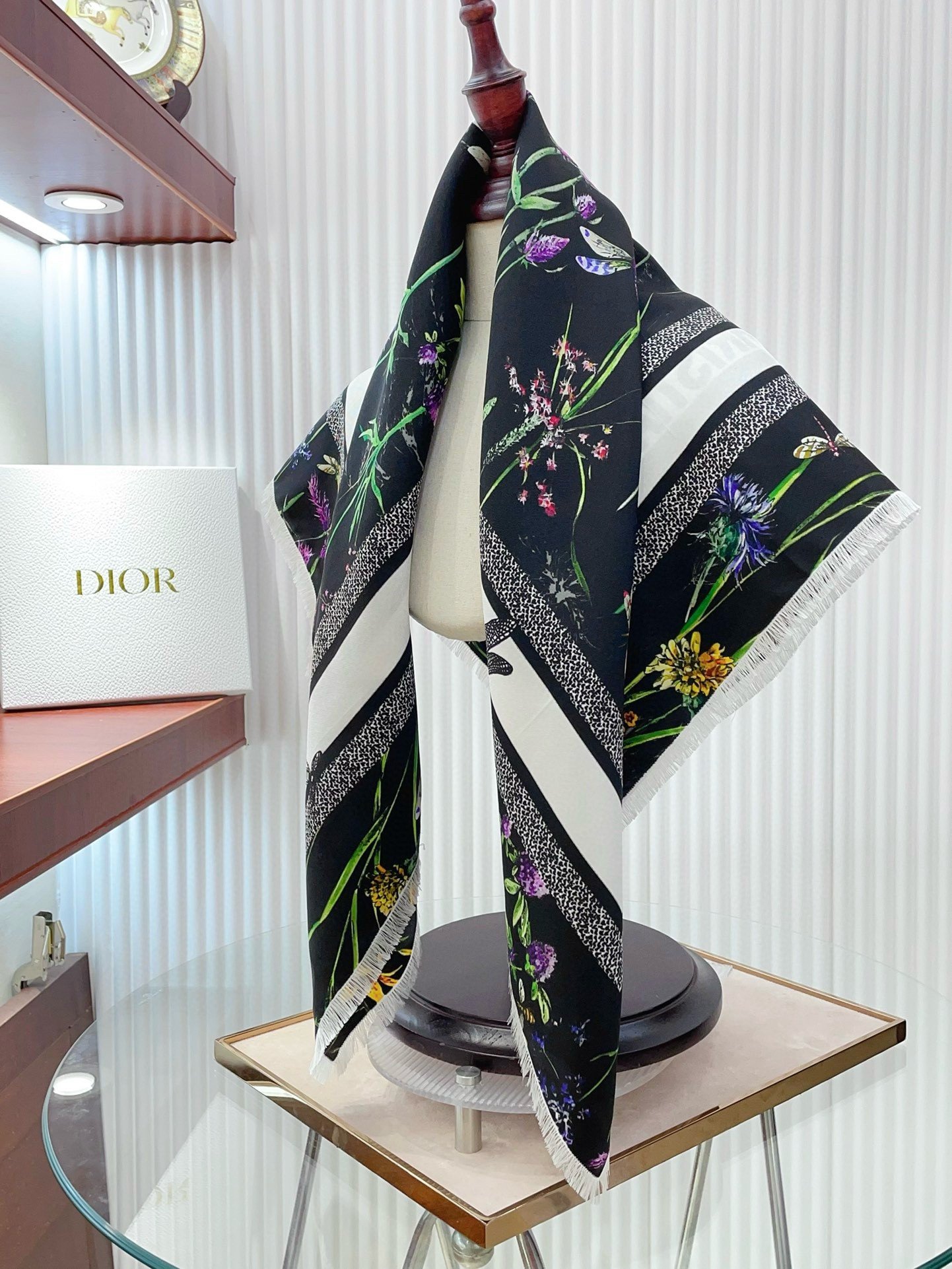 Dior Herbarium 90 Square Scarf in Black Silk Twill