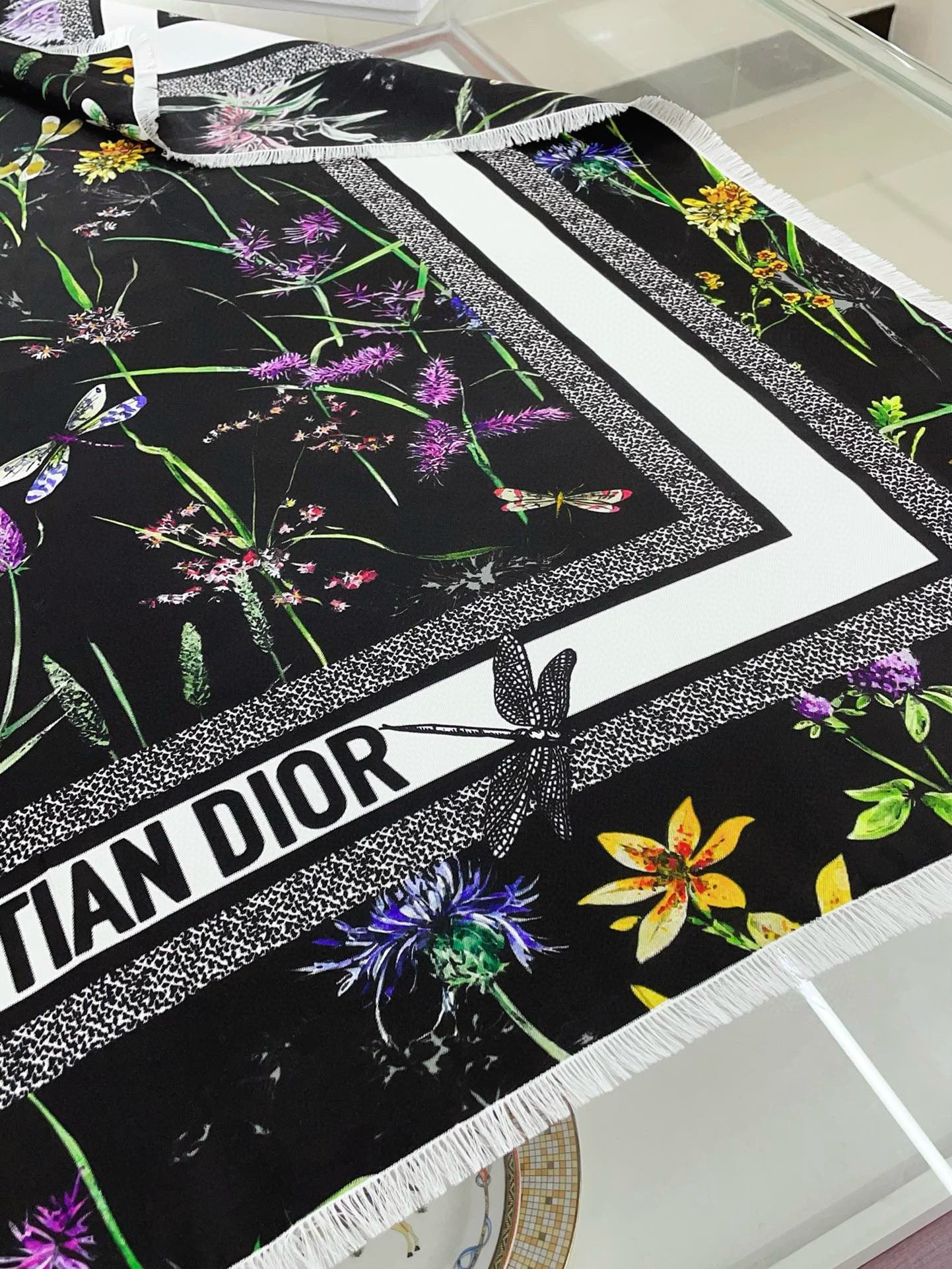 Dior Herbarium 90 Square Scarf in Black Silk Twill