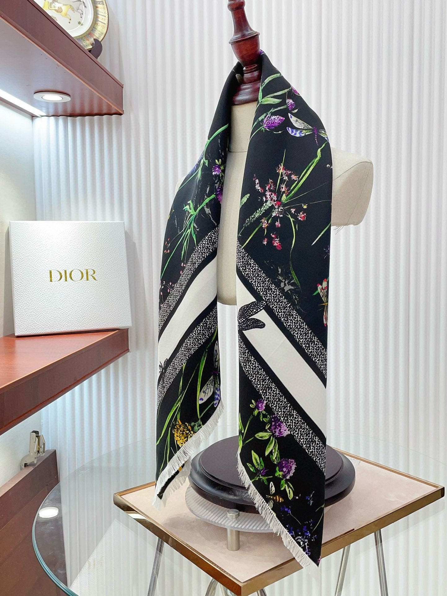 Dior Herbarium 90 Square Scarf in Black Silk Twill