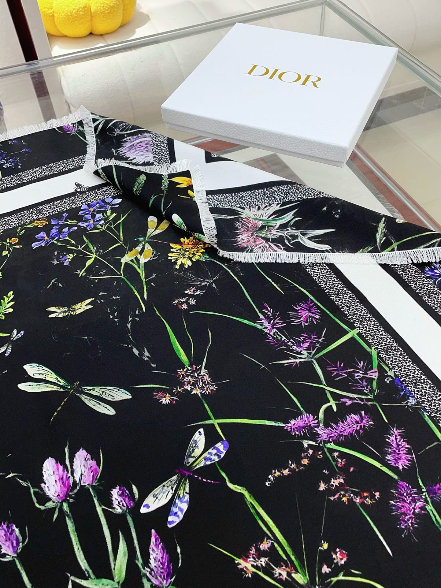 Dior Herbarium 90 Square Scarf in Black Silk Twill