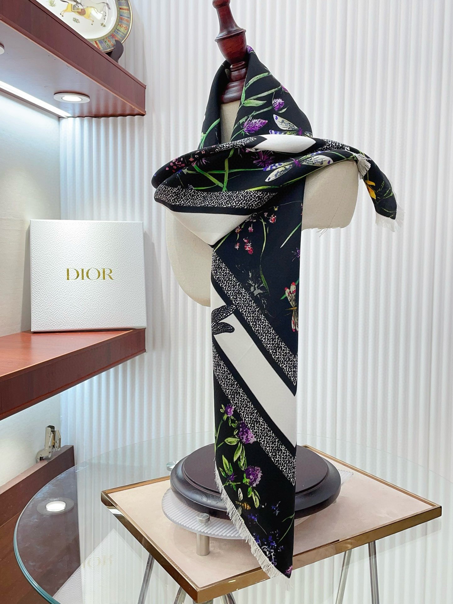 Dior Herbarium 90 Square Scarf in Black Silk Twill