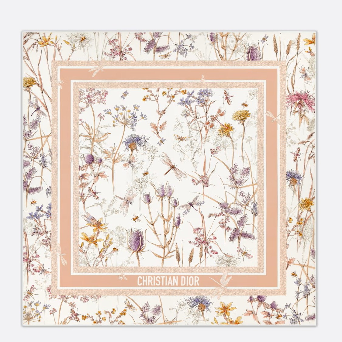 Dior Herbarium 90 Square Scarf in Pink and White Silk Twill