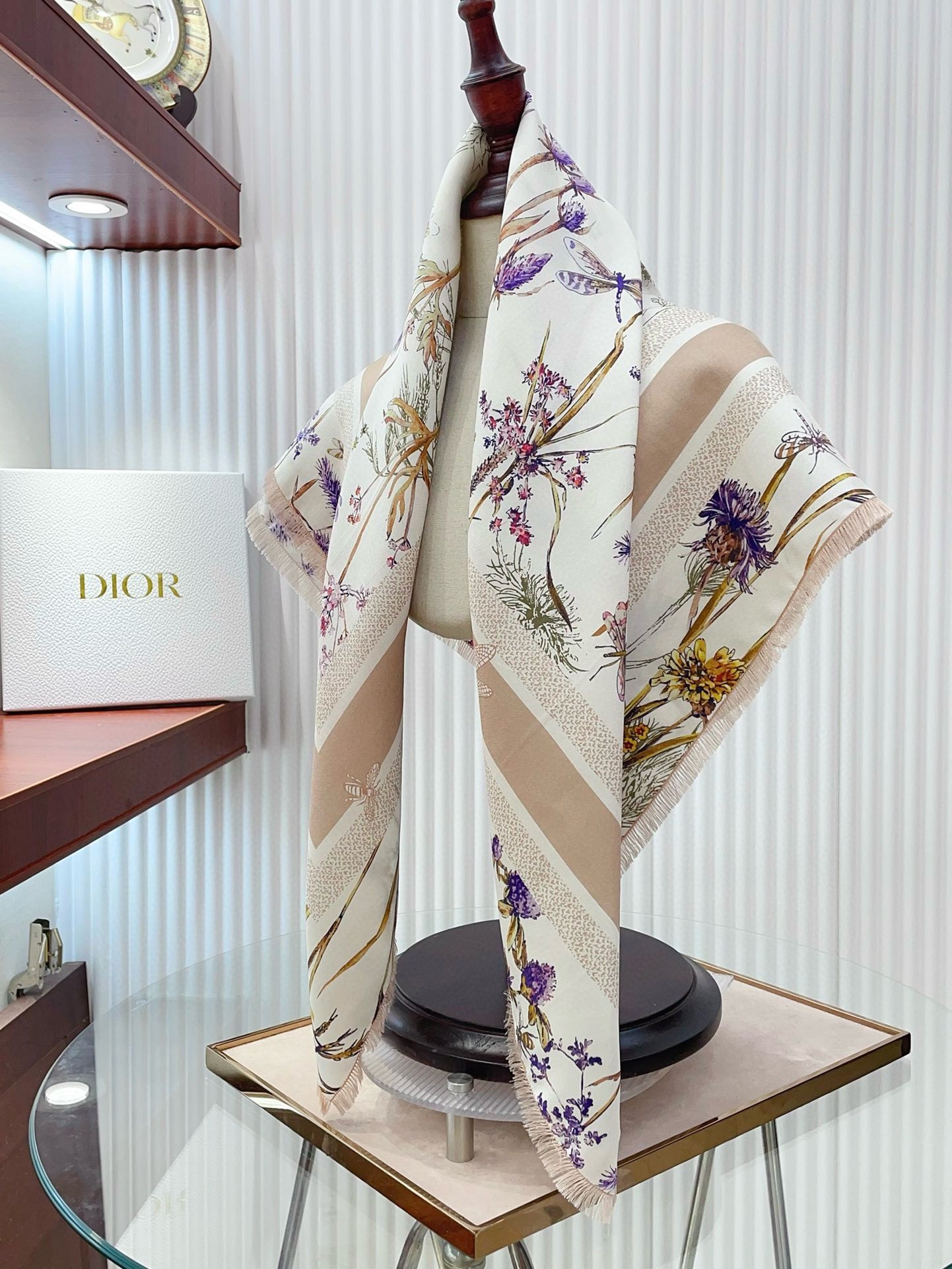 Dior Herbarium 90 Square Scarf in Pink and White Silk Twill