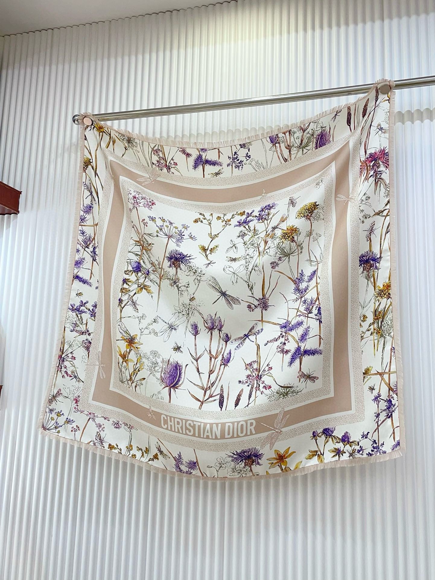 Dior Herbarium 90 Square Scarf in Pink and White Silk Twill