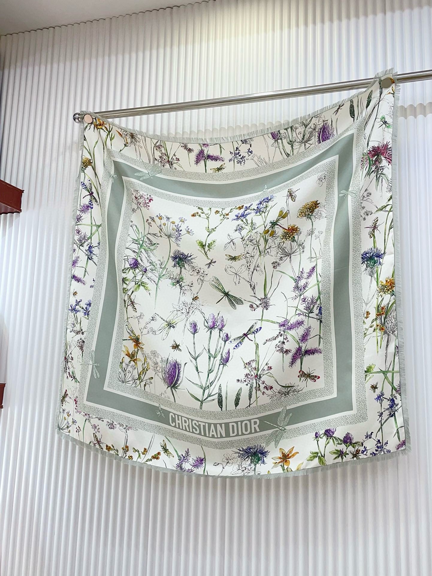 Dior Herbarium 90 Square Scarf in Green and White Silk Twill