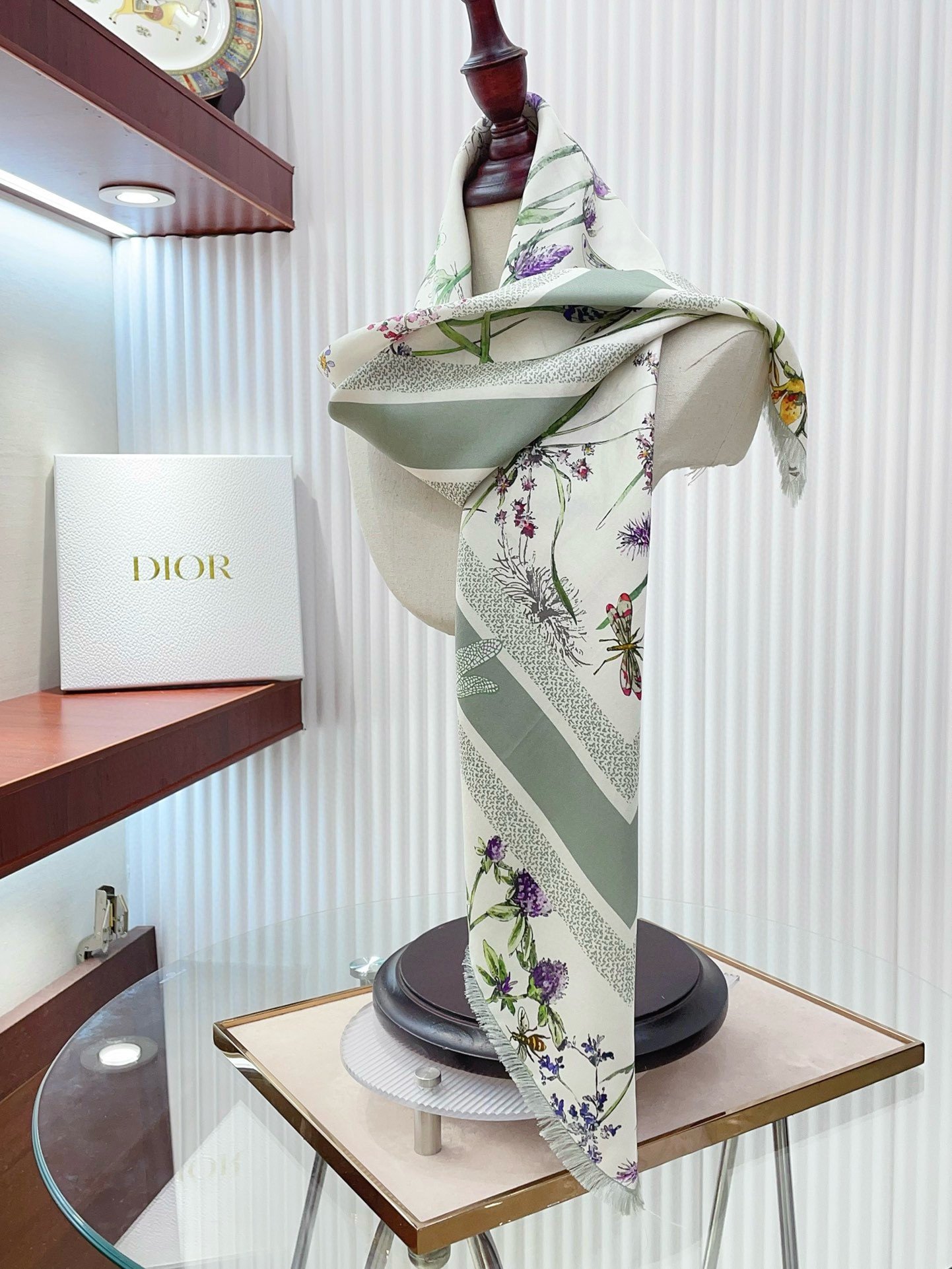 Dior Herbarium 90 Square Scarf in Green and White Silk Twill