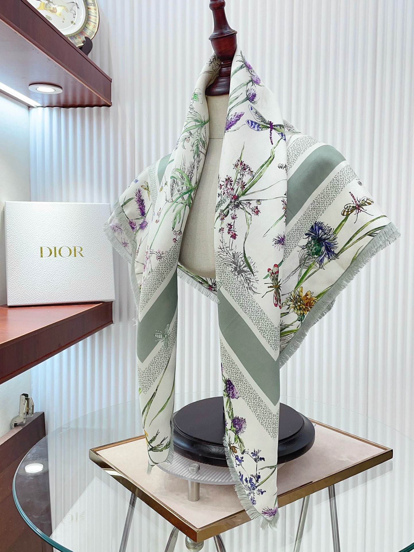 Dior Herbarium 90 Square Scarf in Green and White Silk Twill