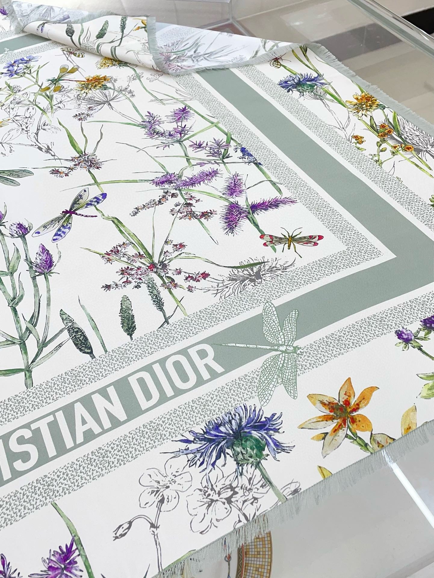 Dior Herbarium 90 Square Scarf in Green and White Silk Twill