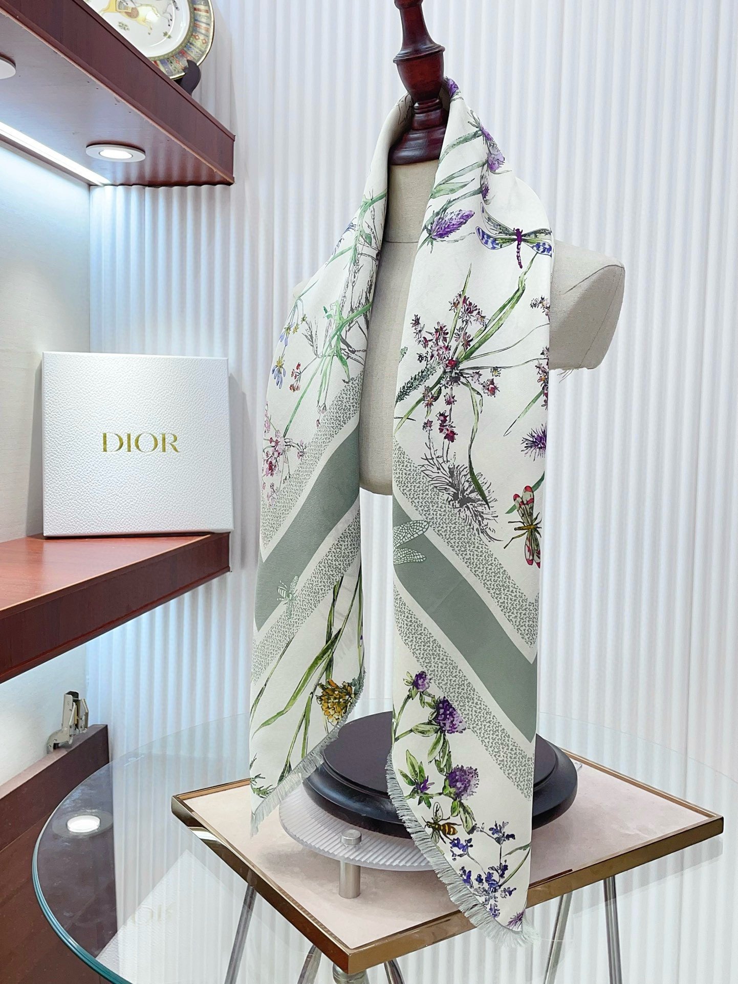 Dior Herbarium 90 Square Scarf in Green and White Silk Twill