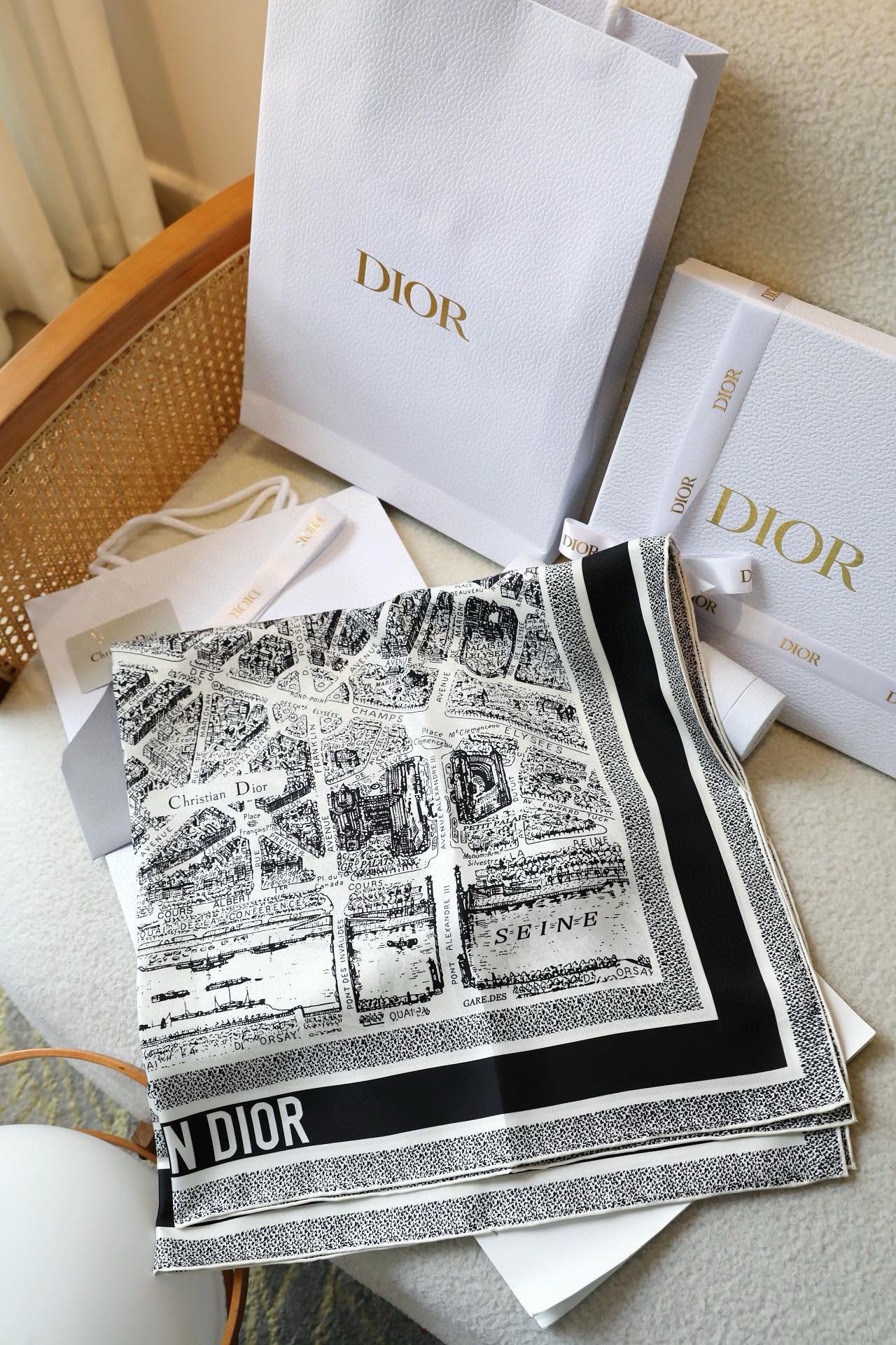 Dior Plan de Paris 90 Square Scarf in White Silk Twill