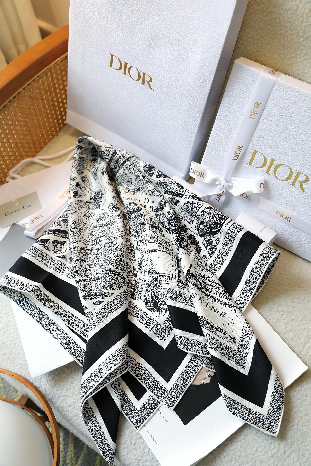 Dior Plan de Paris 90 Square Scarf in White Silk Twill