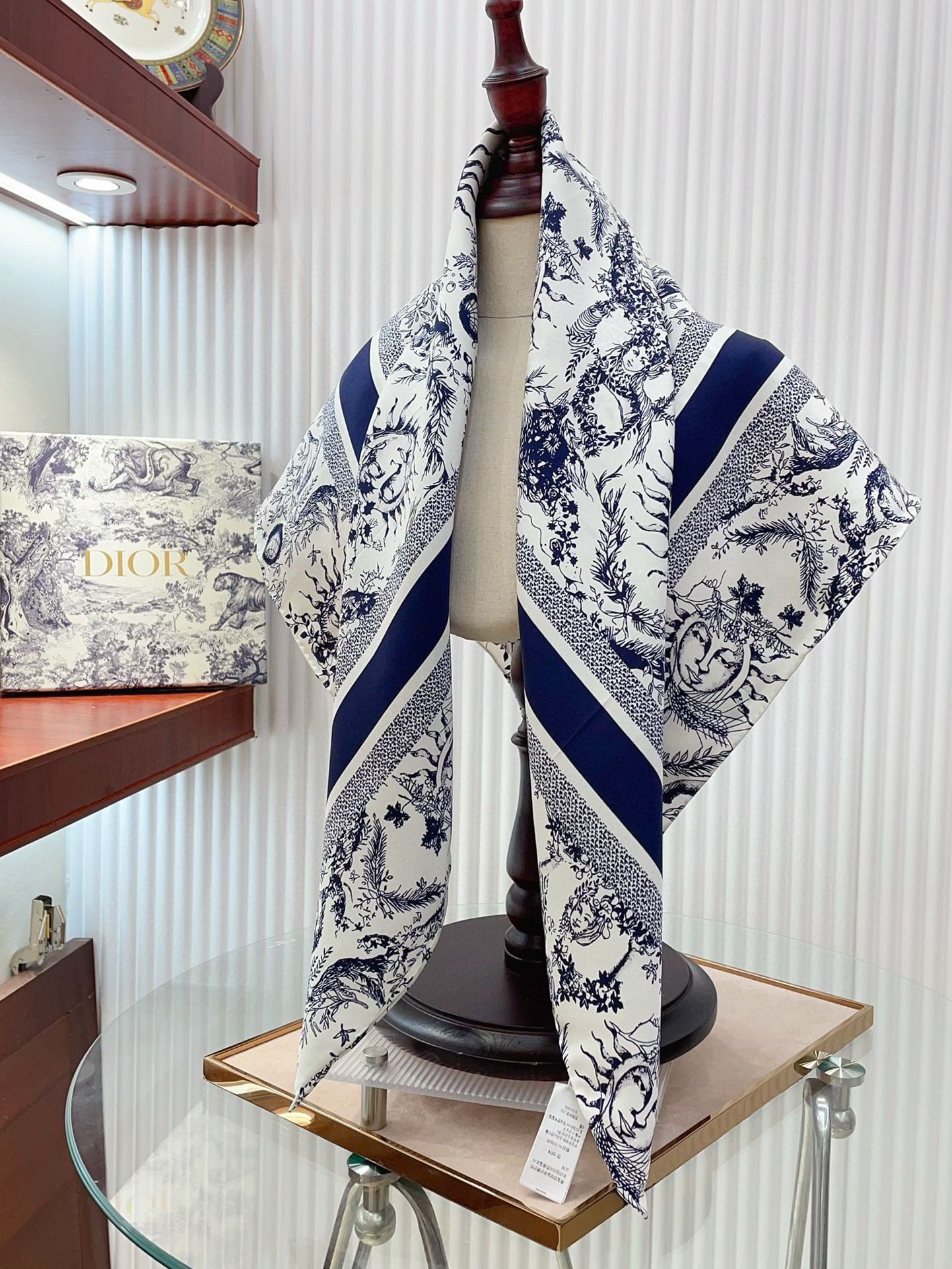 Dior Toile de Jouy Soleil 90 Square Scarf in Blue and White Silk