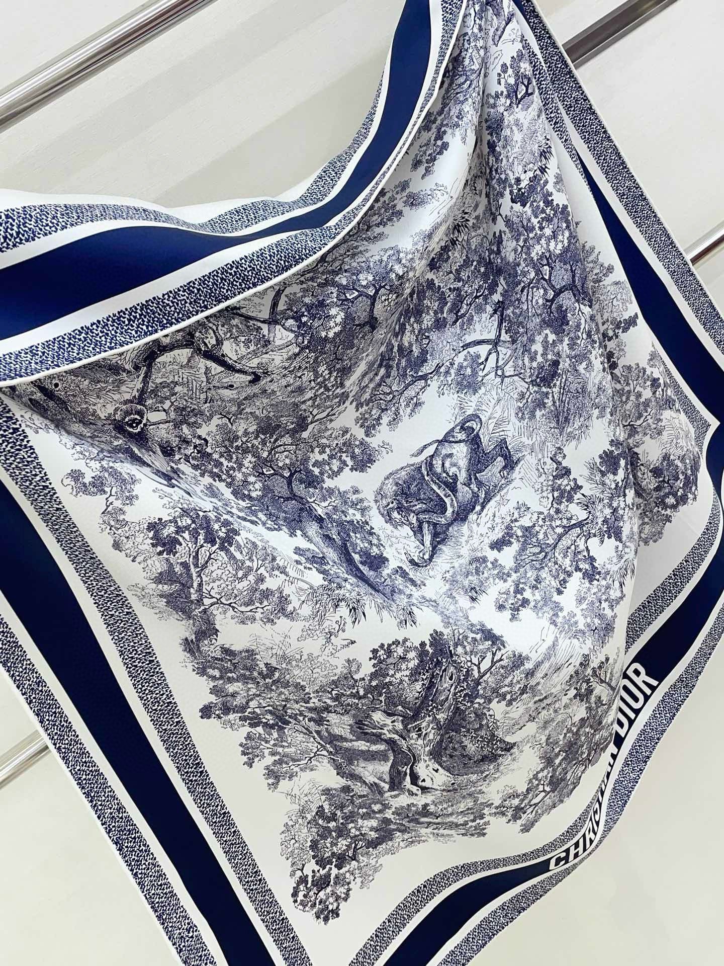 Dior Toile de Jouy Sauvage 90 Square Scarf in Blue Silk Twill