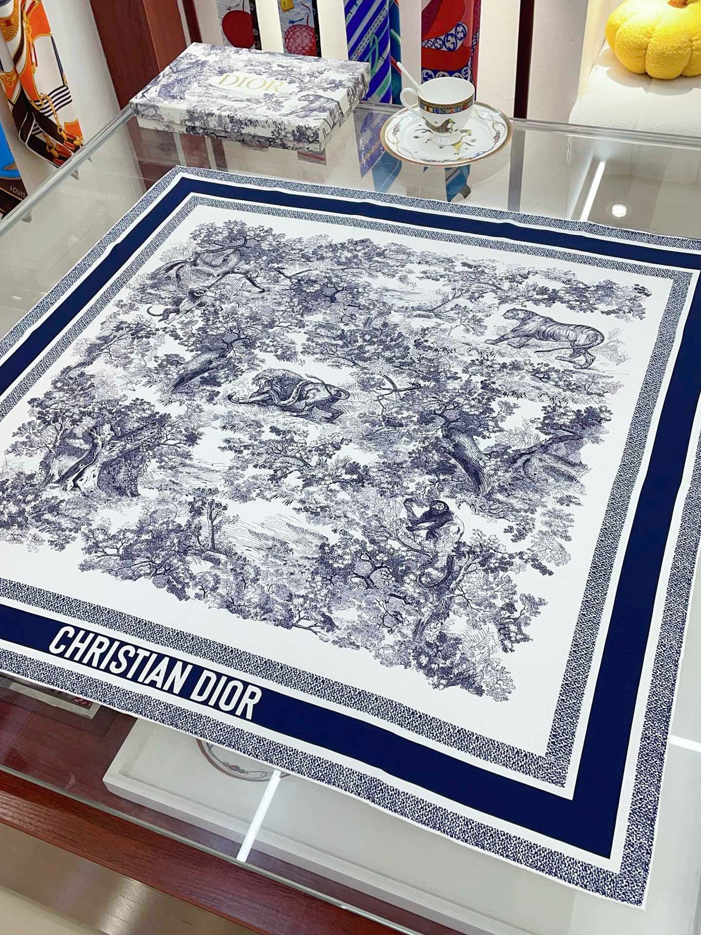 Dior Toile de Jouy Sauvage 90 Square Scarf in Blue Silk Twill