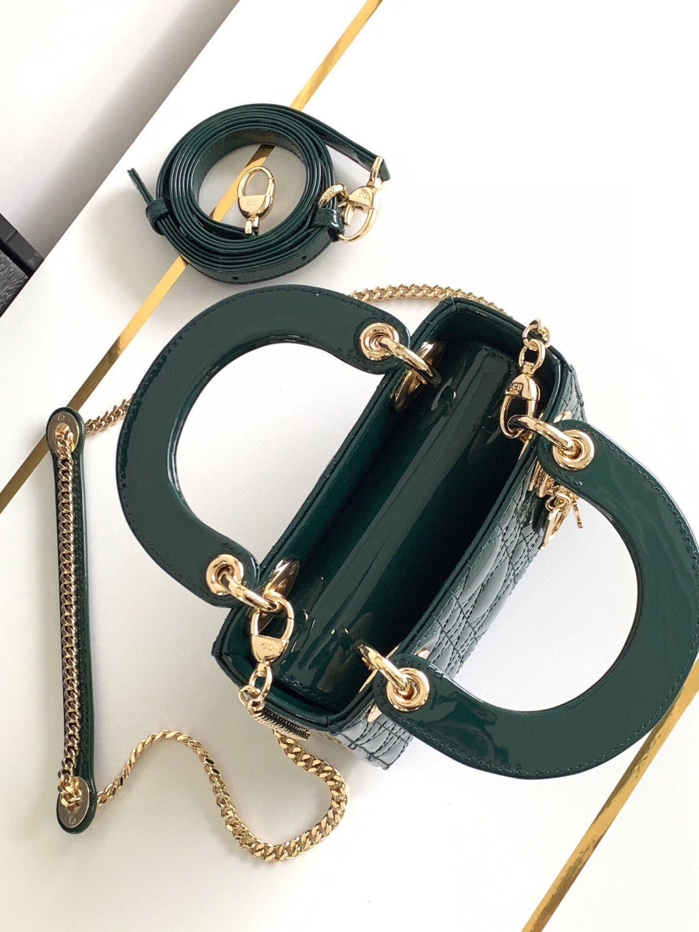 Dior Lady Dior Mini Chain Bag with Chain in Green Patent Calfskin