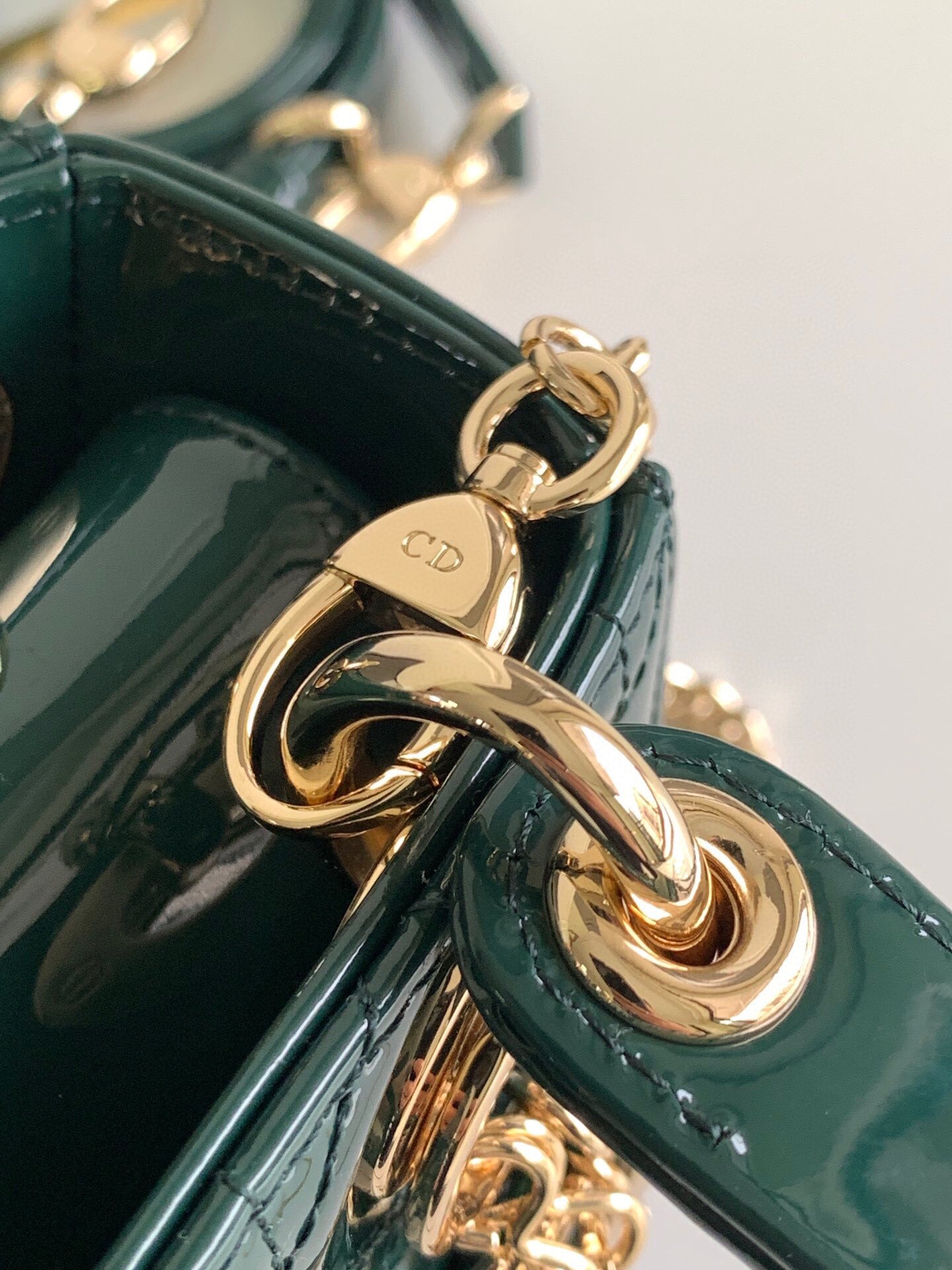 Dior Lady Dior Mini Chain Bag with Chain in Green Patent Calfskin