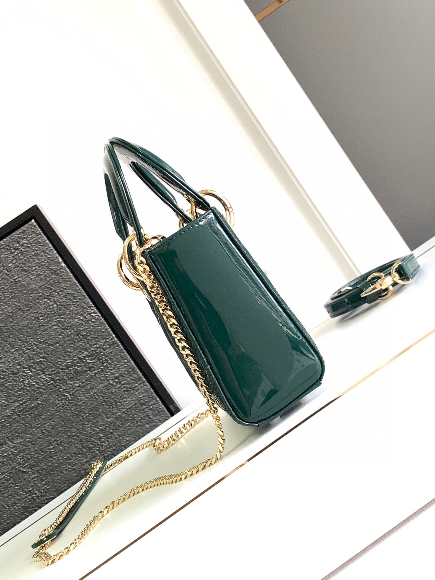 Dior Lady Dior Mini Chain Bag with Chain in Green Patent Calfskin